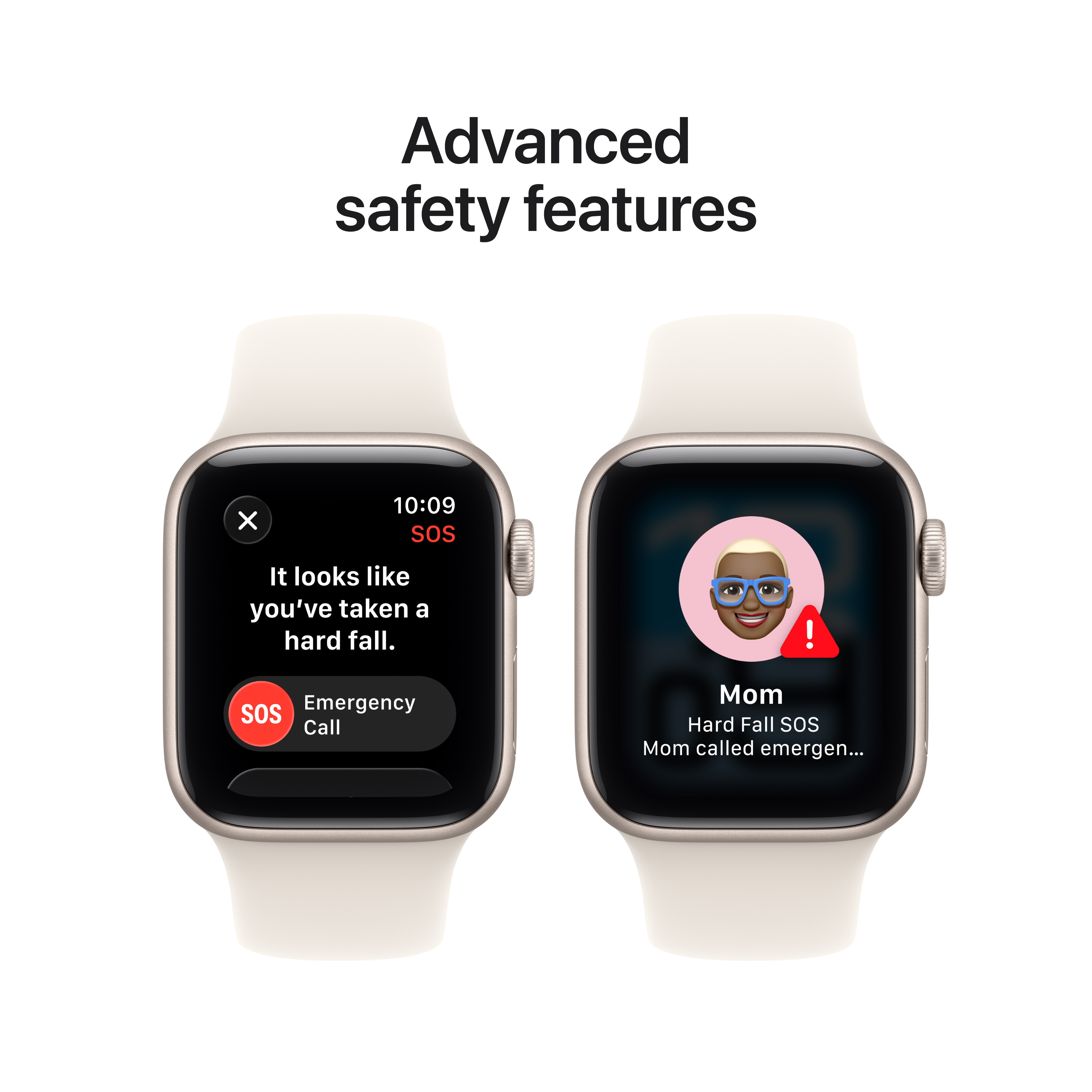 Zwei Smartwatches mit Sicherheitsfunktionen. Eine erkennt einen Sturz, die andere zeigt einen SOS-Anruf an.