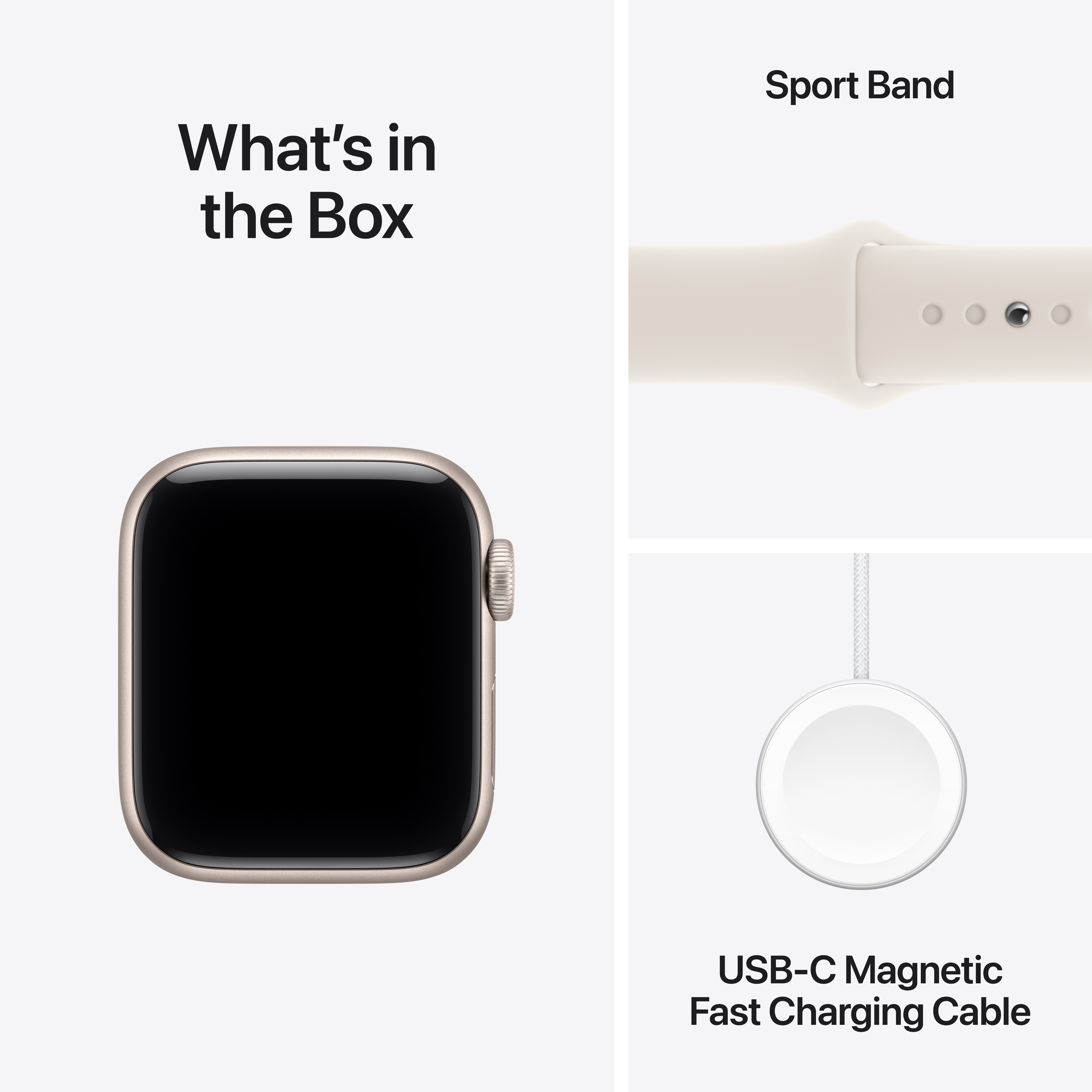 Bild zeigt Apple Watch, Sportarmband und USB-C-Ladekabel. Die Uhr hat einen schwarzen Bildschirm und einen goldenen Rahmen.