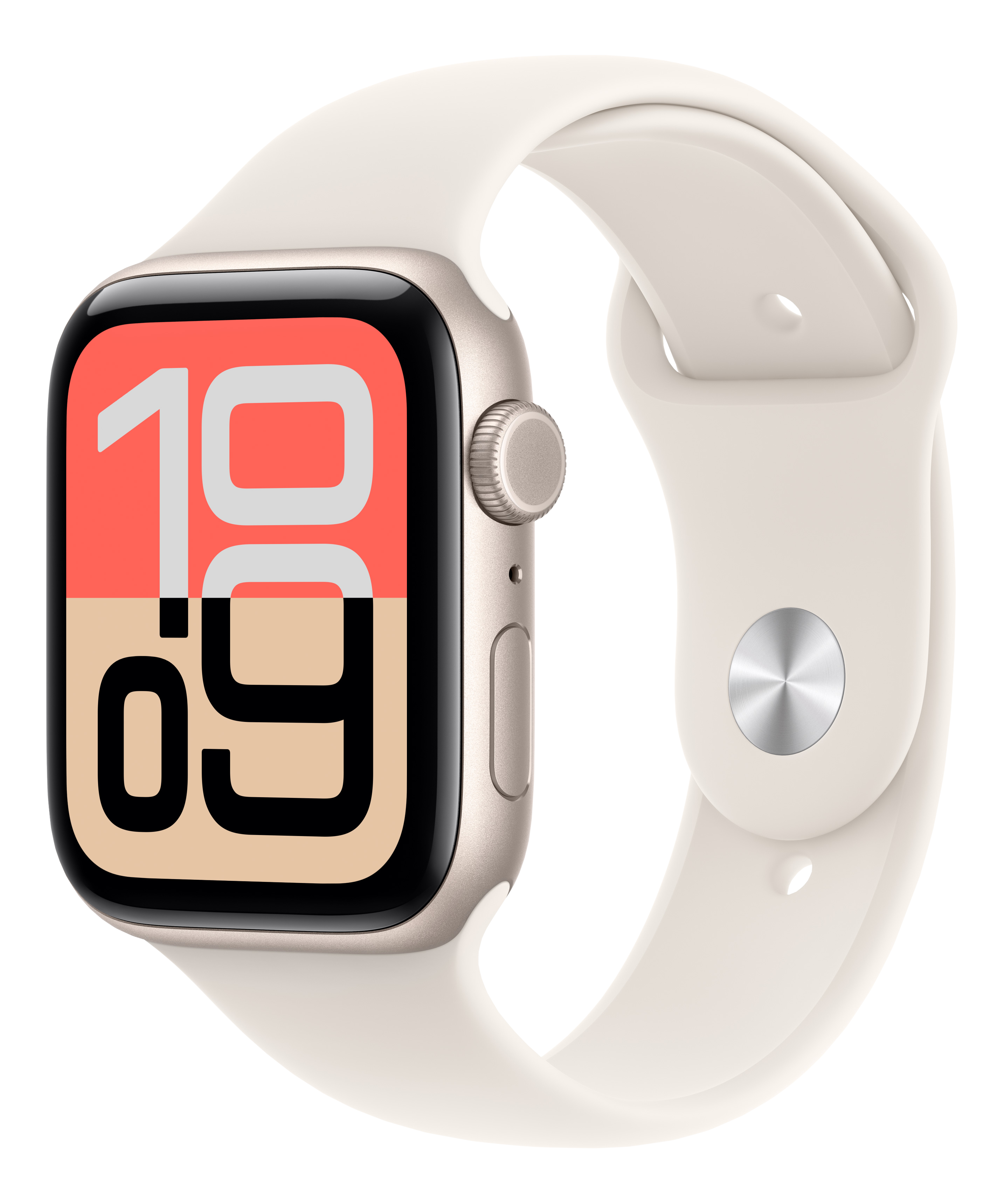 Eine cremefarbene Apple Watch mit cremefarbenem Armband. Der Bildschirm zeigt die Uhrzeit: 10:09.