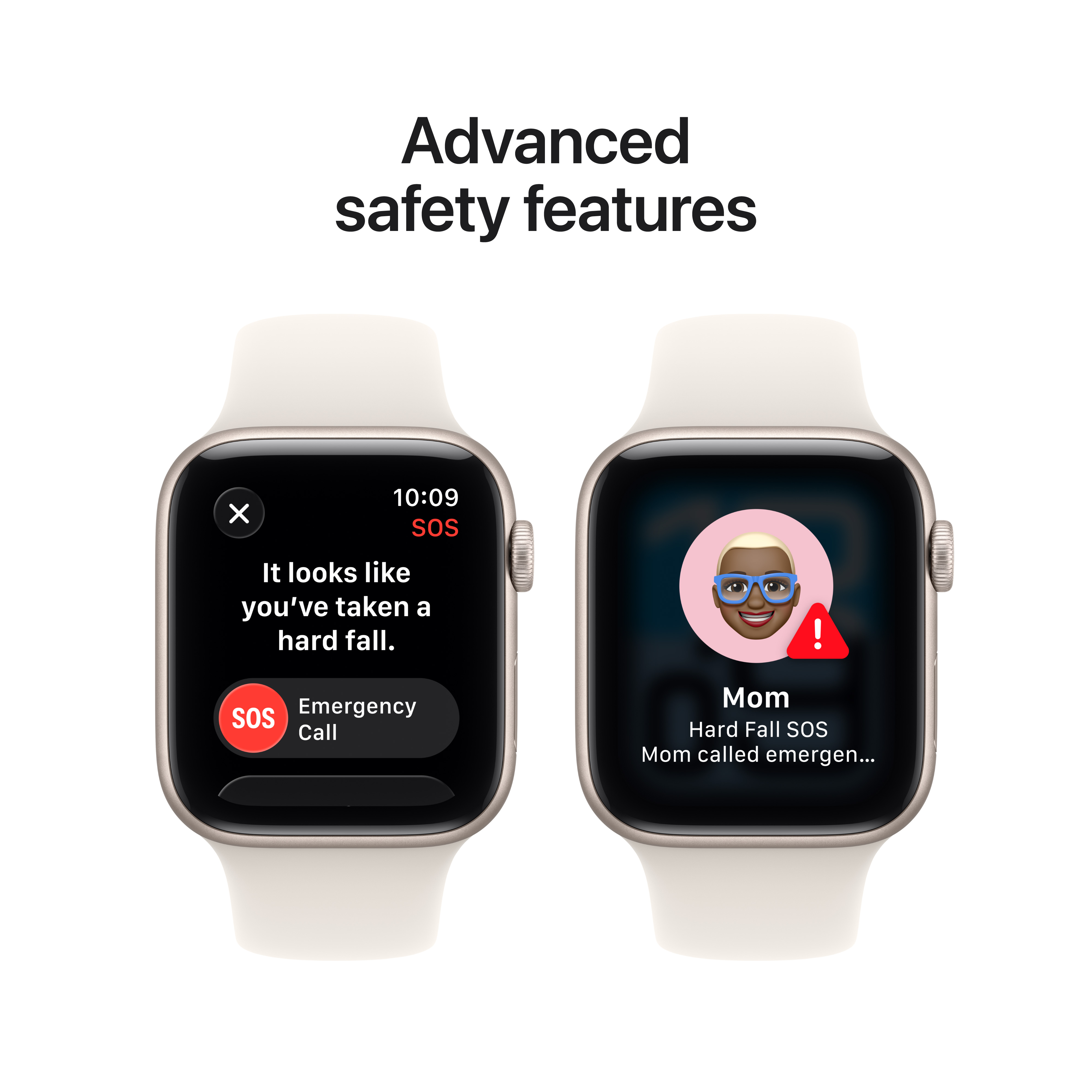 Zwei Apple Watches zeigen Sturzerkennung. Eine ruft den Notruf, die andere benachrichtigt Mama. Text sagt 'harter Sturz'.