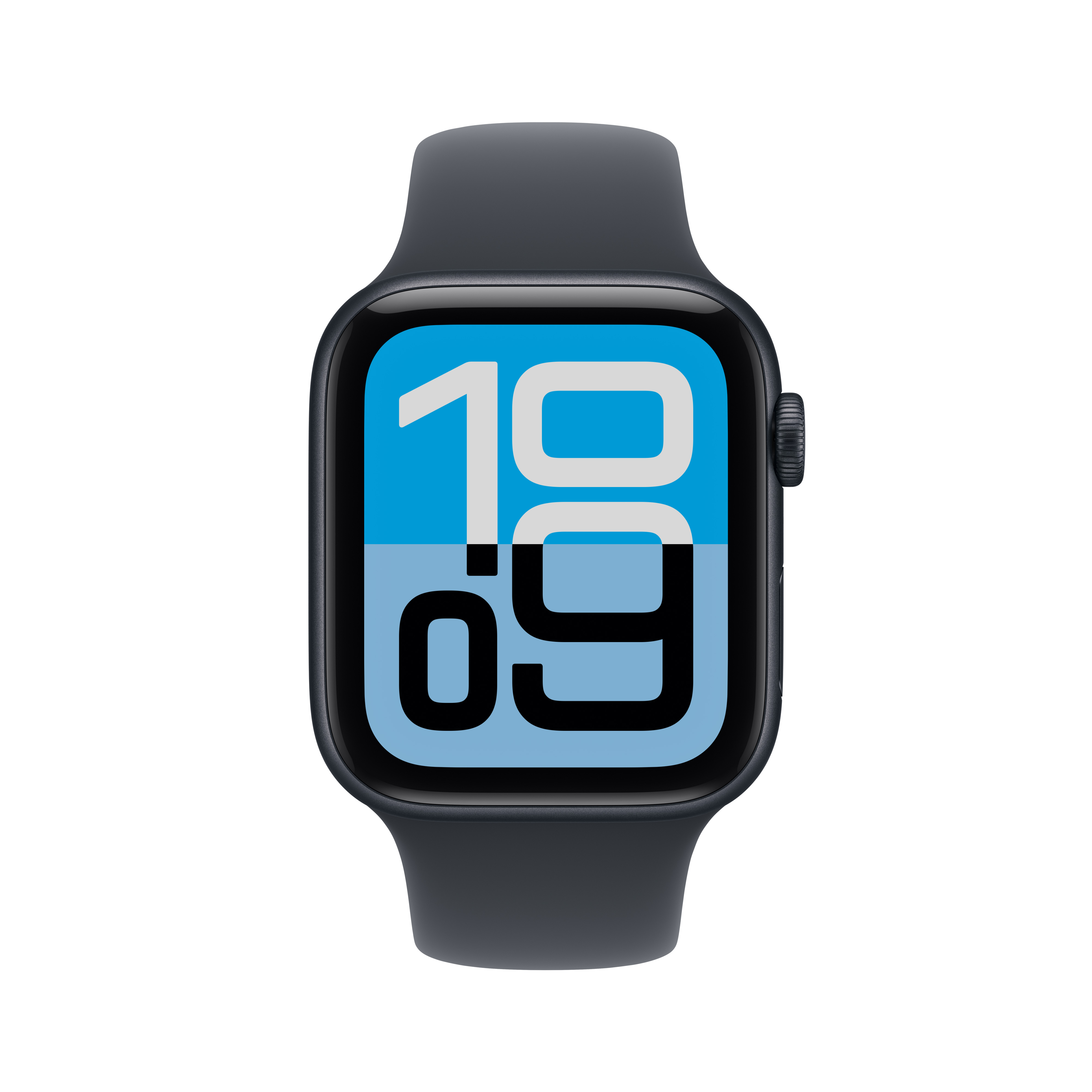 Une montre connectée gris foncé avec l'heure 19h09 affichée sur l'écran, sur fond blanc.
