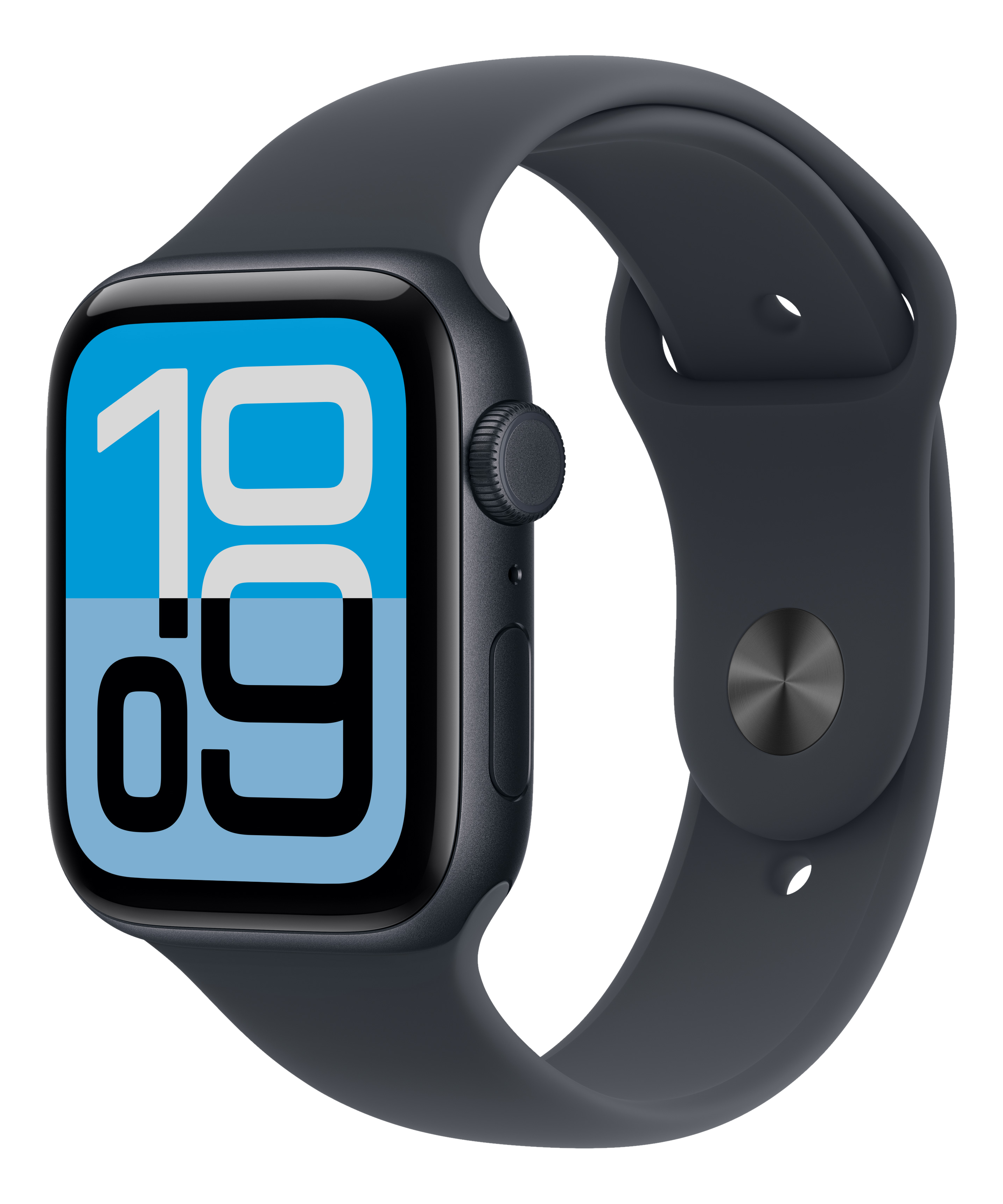Eine dunkelgraue Apple Watch zeigt die Zeit 10:09. Das Armband ist dunkelgrau und der Hintergrund ist schwarz.