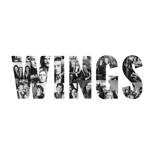 Das Wort 'WINGS' besteht aus Schwarz-Weiß-Bildern von Menschen. Es zeigt Porträts und Gruppenfotos auf weißem Hintergrund.