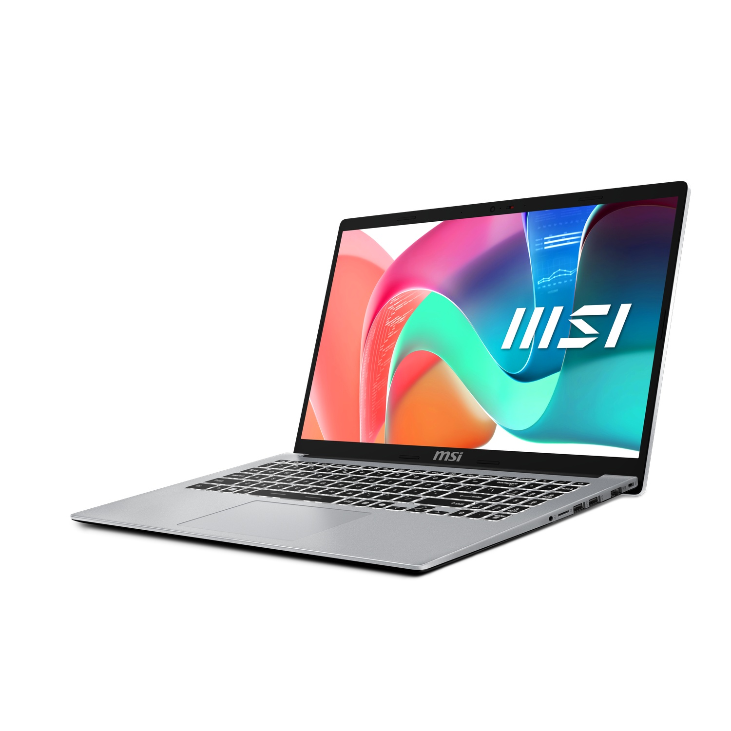 A silver MSI laptop with the screen open, displaying colorful graphics. The keyboard is visible, and the background is white.