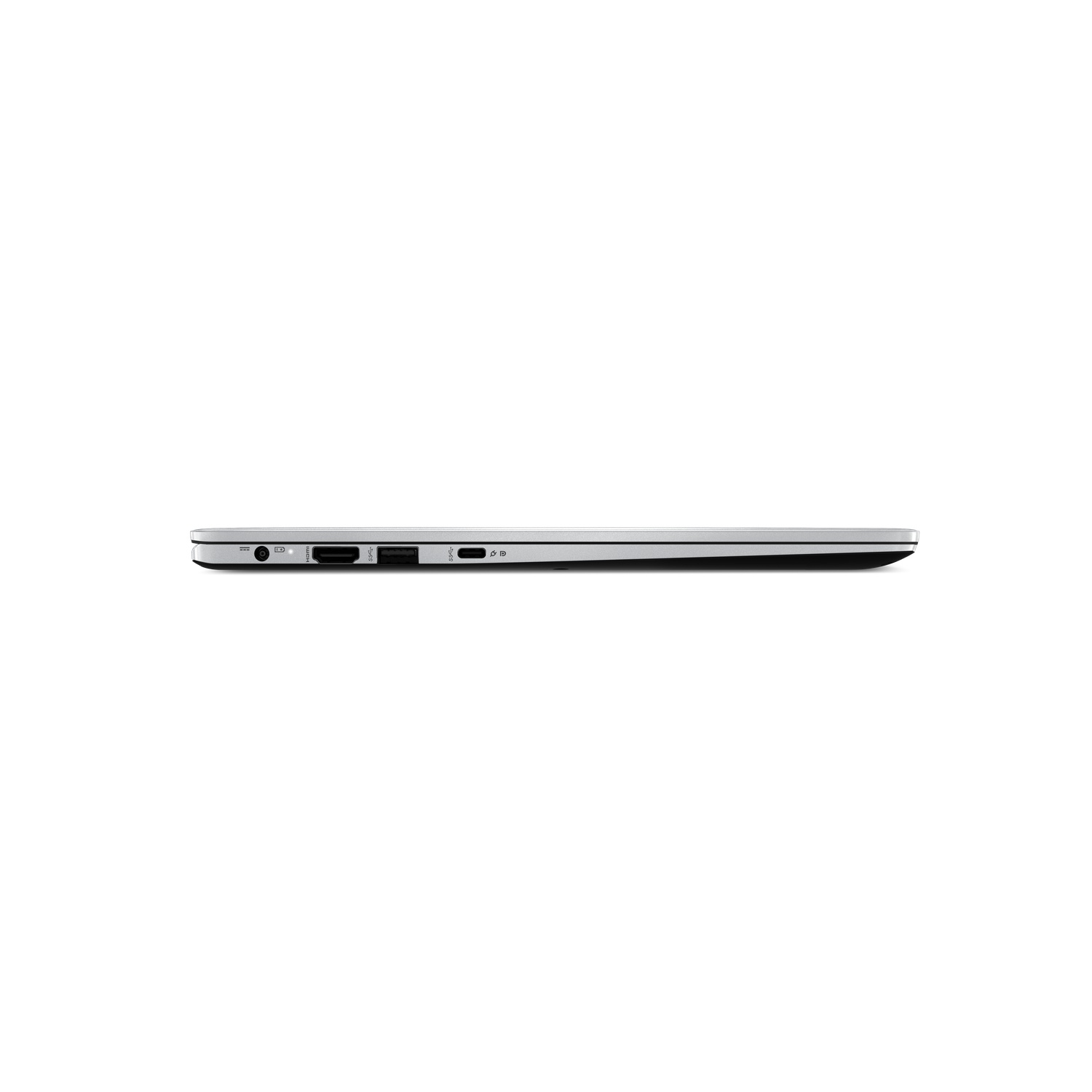 Side view of a silver laptop. Visible ports include USB, HDMI, and audio jack. The laptop is on a white background.