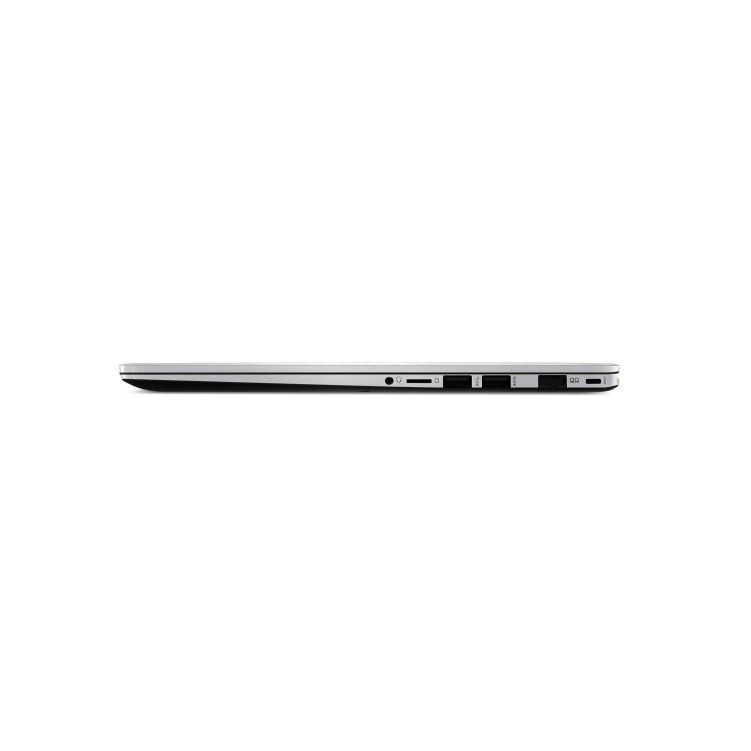 Side view of a silver laptop. Ports include a headphone jack, SD card slot, USB ports, and a charging port. Black bottom.