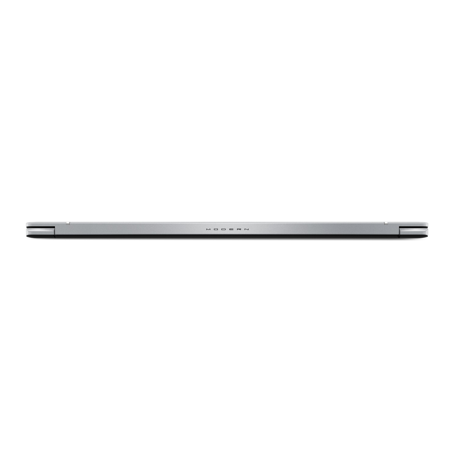 A silver laptop, seen from above, open. The word 'MODERN' is visible on the laptop's edge. White background.