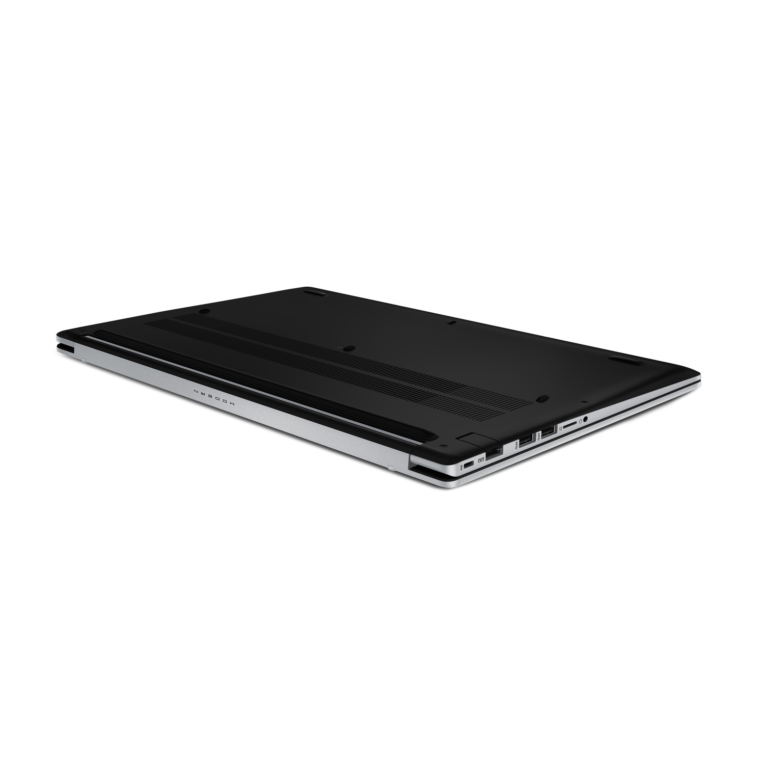 A closed black laptop with silver edges, slightly angled. The word "MODERN" is visible on the top. Ports and vents are shown.