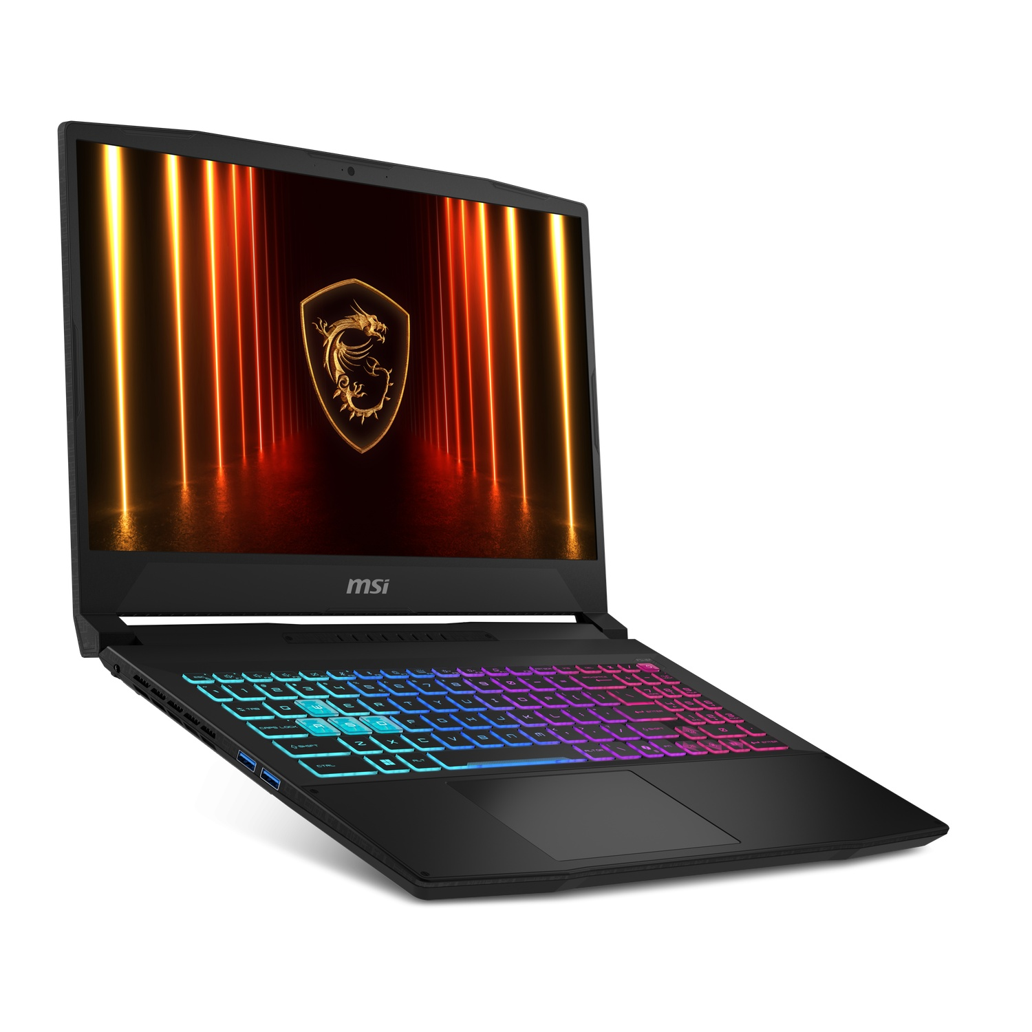 A black laptop with a colorful backlit keyboard is angled. The screen displays a logo and orange light streaks. The background is white.