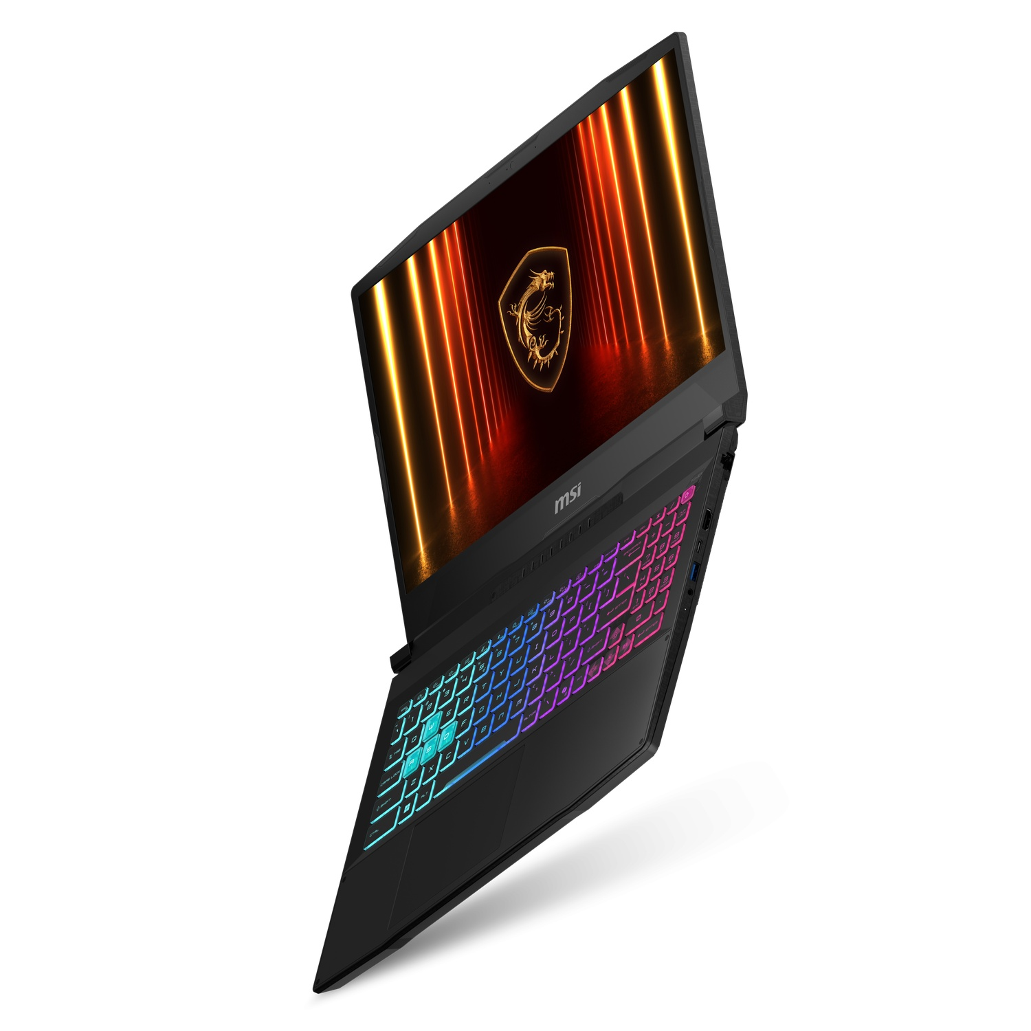 Black MSI laptop, screen shows a dragon logo and orange lights. Keyboard has colorful lights, angled view, on a white background.