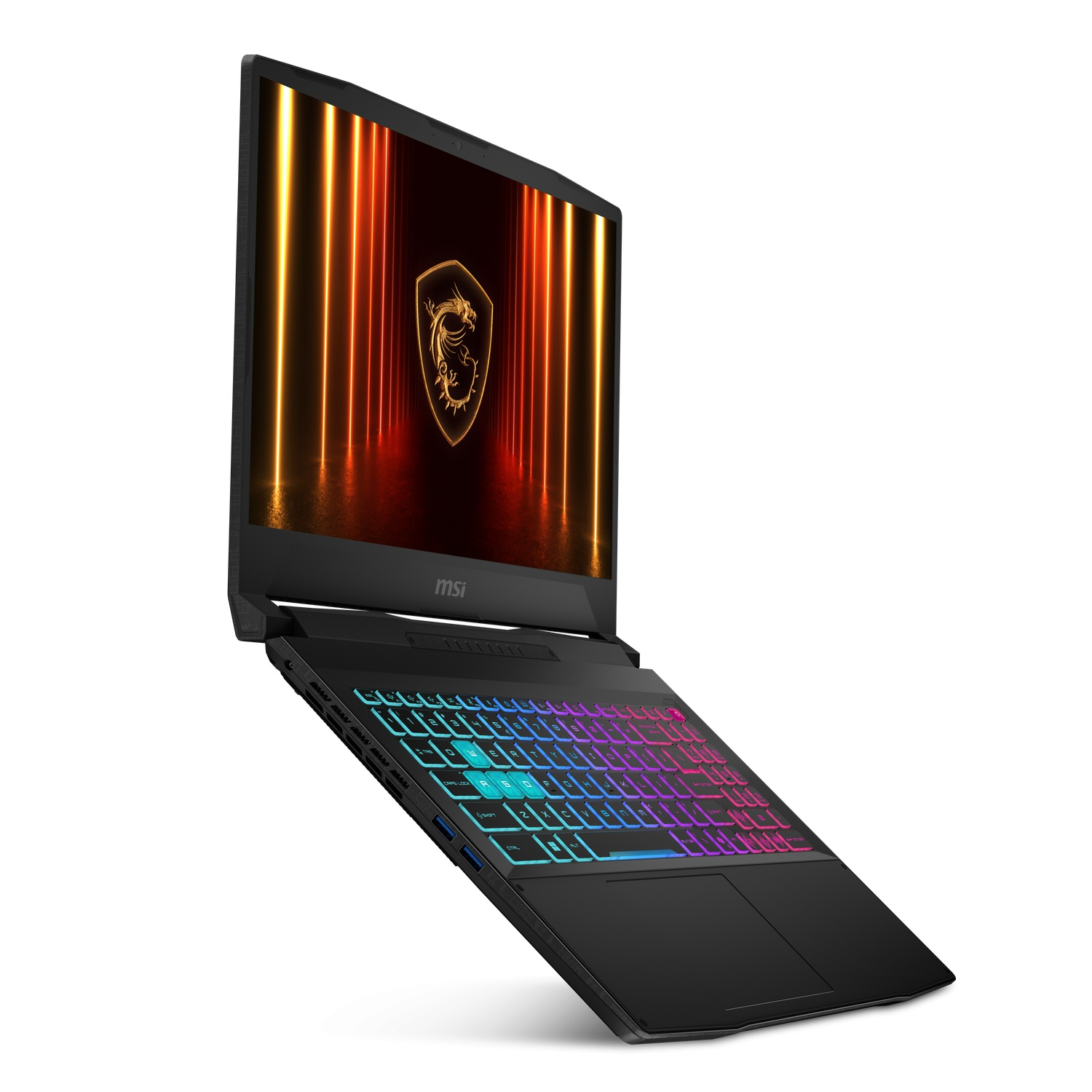 Black MSI laptop, screen showing a dragon logo and colorful keyboard. The laptop is slightly angled on a white background.