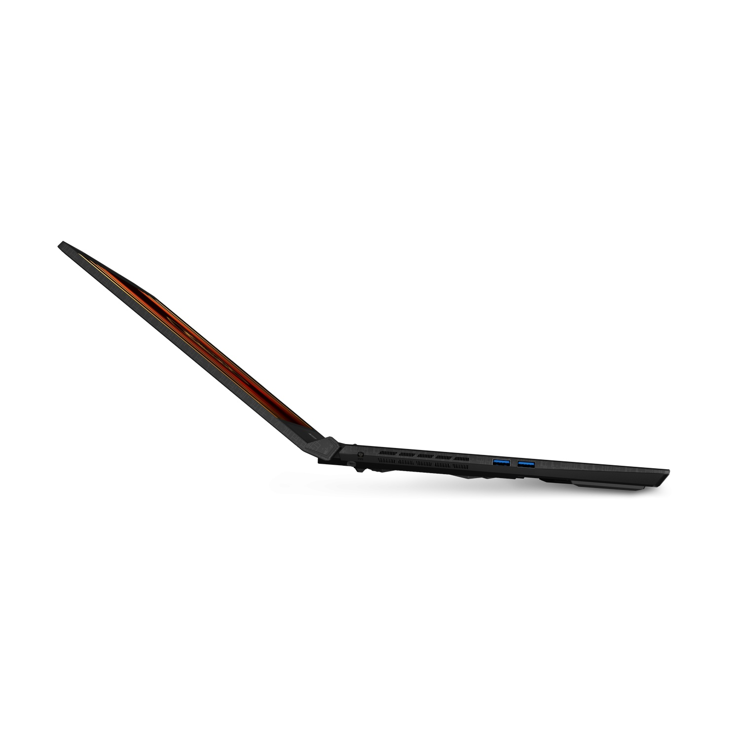 A black laptop is angled upwards against a white background. The screen has orange and black accents.