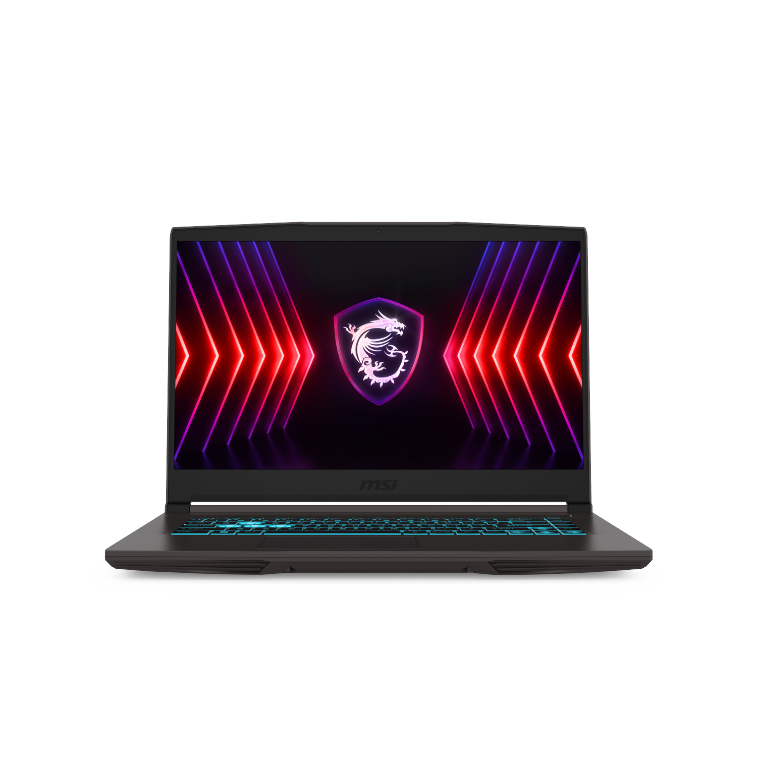 Een zwarte MSI-laptop wordt weergegeven. Het scherm toont een drakenlogo met rode en paarse neonlijnen. Het toetsenbord gloeit blauw.
