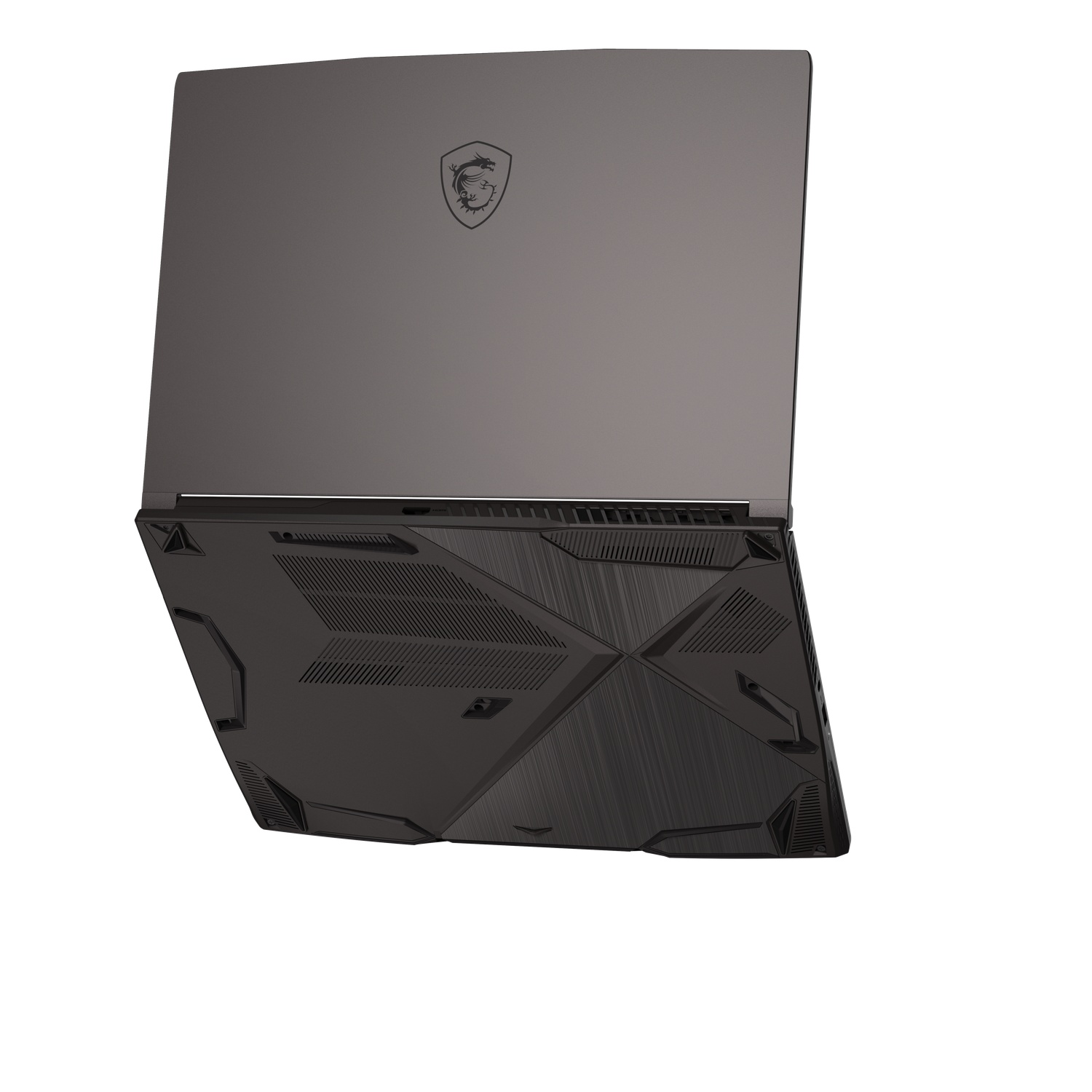 Een zwarte laptop, lichtjes gekanteld, met het deksel open. Het deksel heeft een logo. De onderkant heeft een gestructureerd, geometrisch ontwerp.