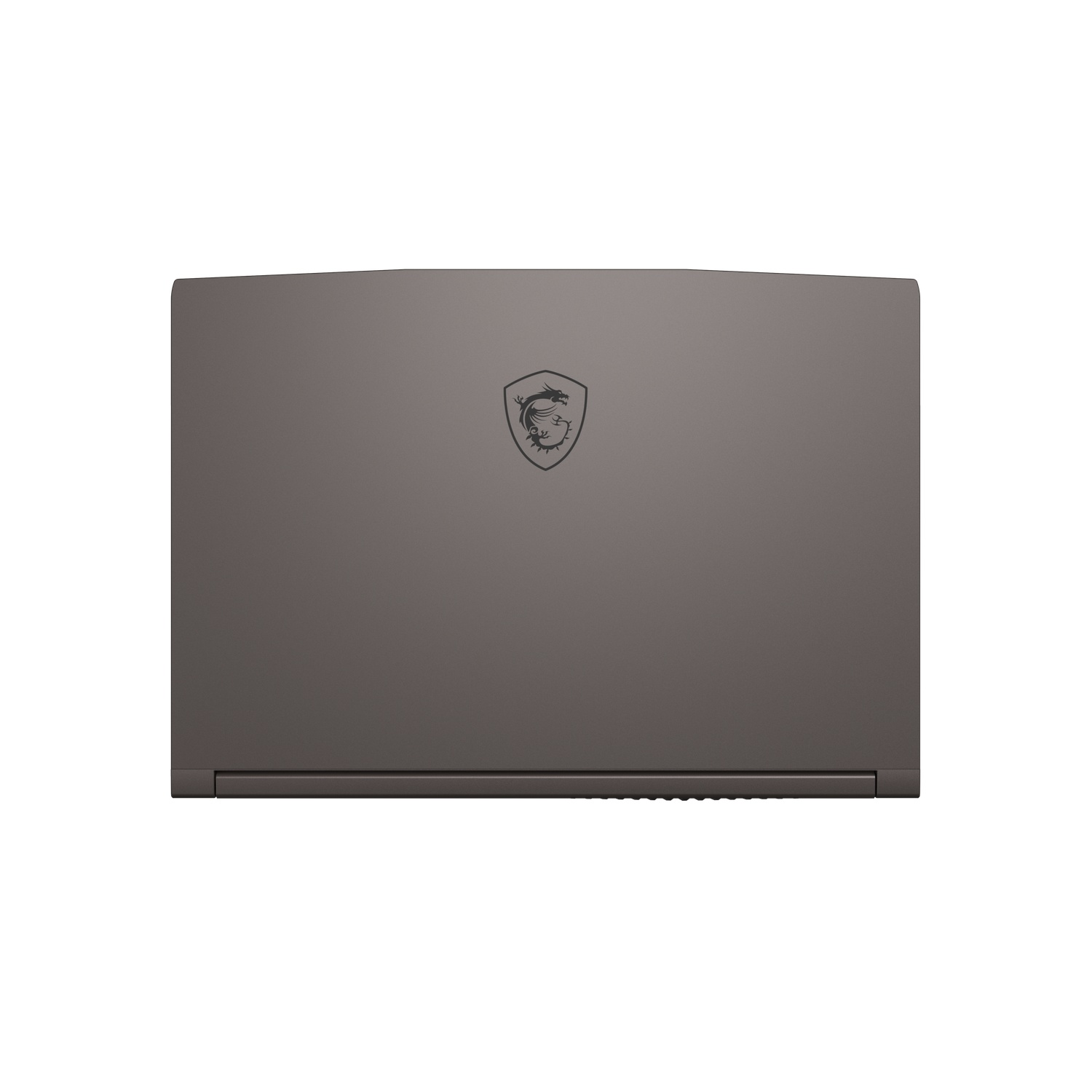 Een gesloten, donkergrijze laptop met het MSI-logo in het midden. De achtergrond is effen wit.