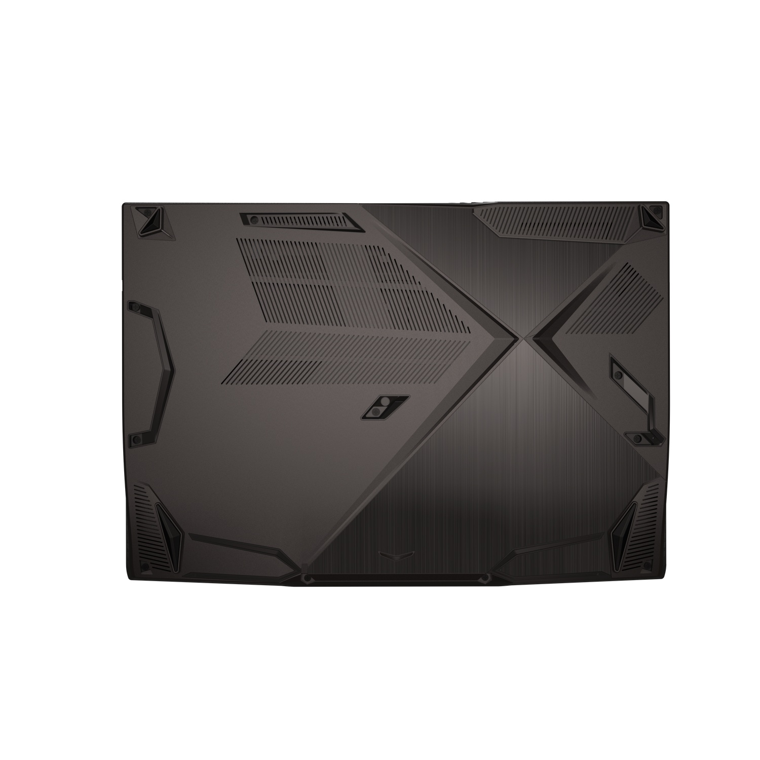 Bovenaanzicht van een donkergrijze laptop. Kenmerken zijn ventilatieroosters, geometrische patronen en een logo in het midden.