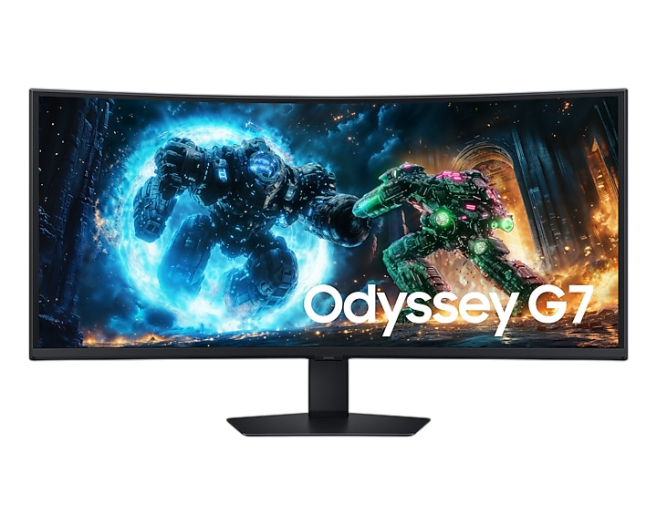 Gebogener Monitor, der zwei Roboterfiguren in einer futuristischen Szene mit den Worten 'Odyssey G7' anzeigt.