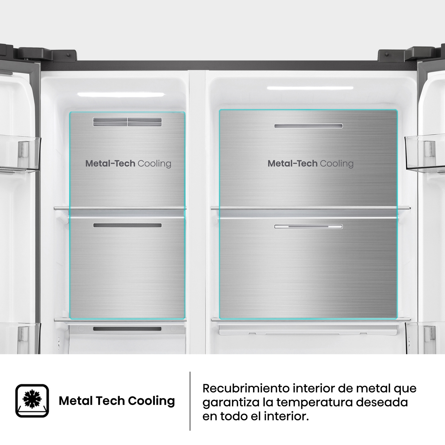 Refrigerador abierto que muestra enfriamiento metal-tech. Tiene dos puertas y paredes interiores de metal. Texto metal-tech cooling visible.