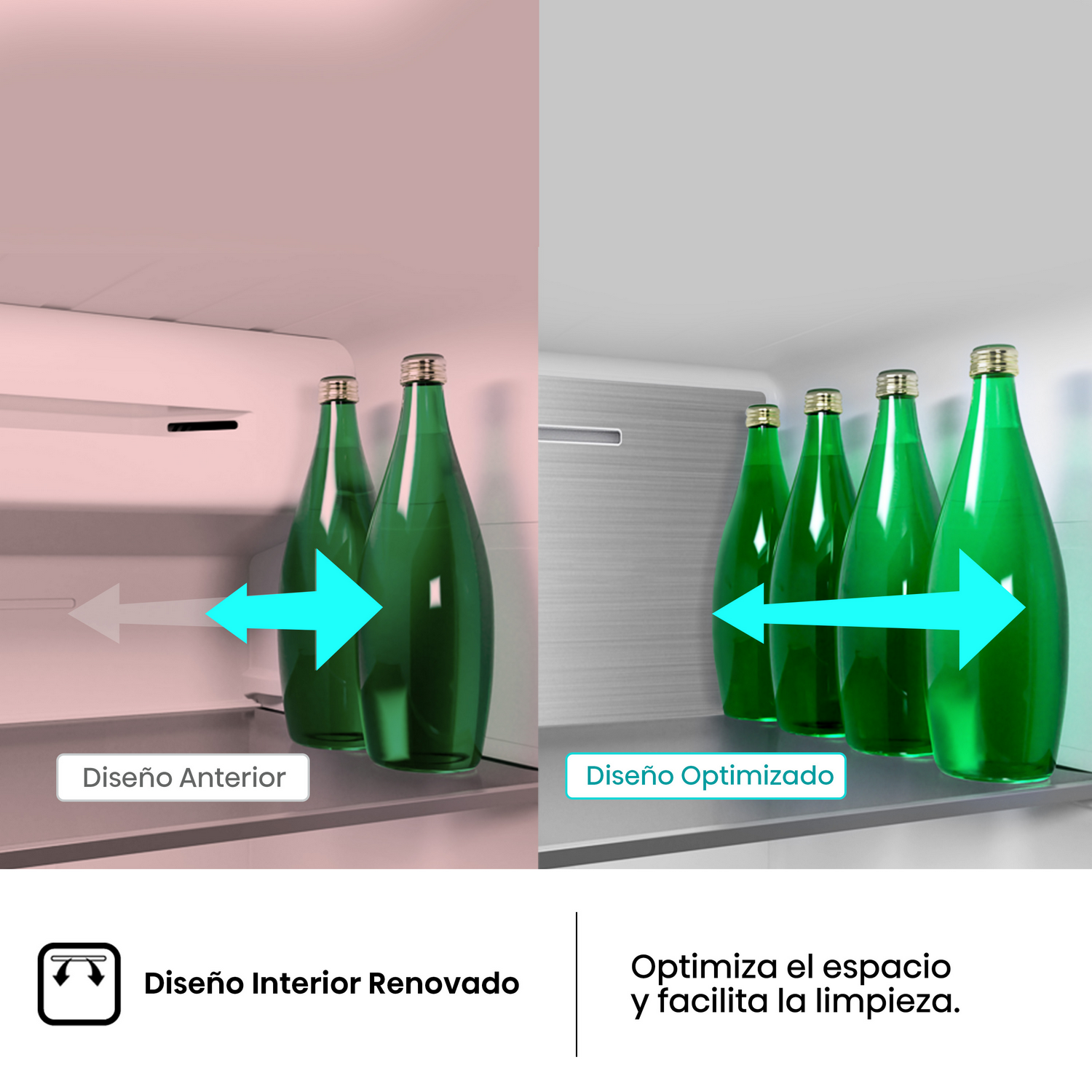 Imagen de un interior de refrigerador con botellas. Flechas muestran el diseño mejorado, el espacio optimizado y la limpieza fácil.