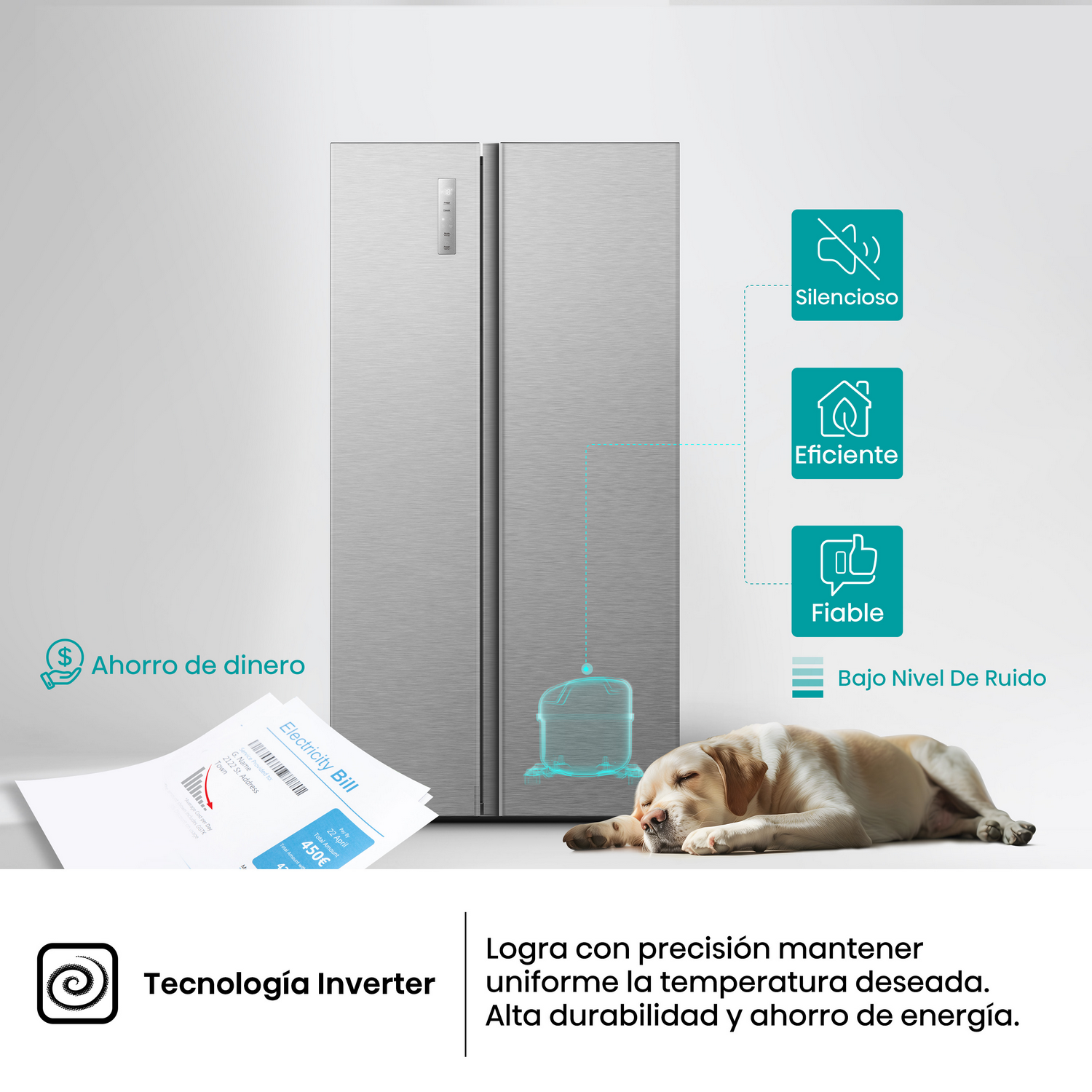 Un frigorífico plateado, una factura, un perro durmiendo e iconos de funciones como ahorro de energía y funcionamiento silencioso.