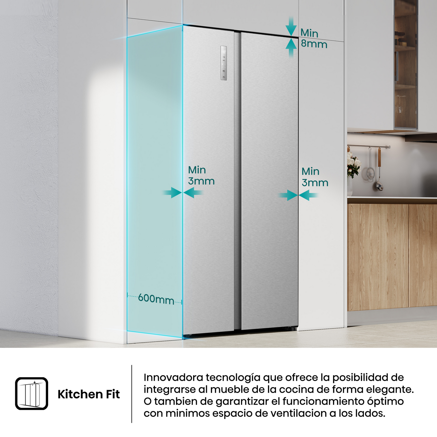 Se muestra un refrigerador de acero inoxidable integrado en una cocina. Se indican dimensiones y espacios libres, destacando su diseño Kitchen Fit.