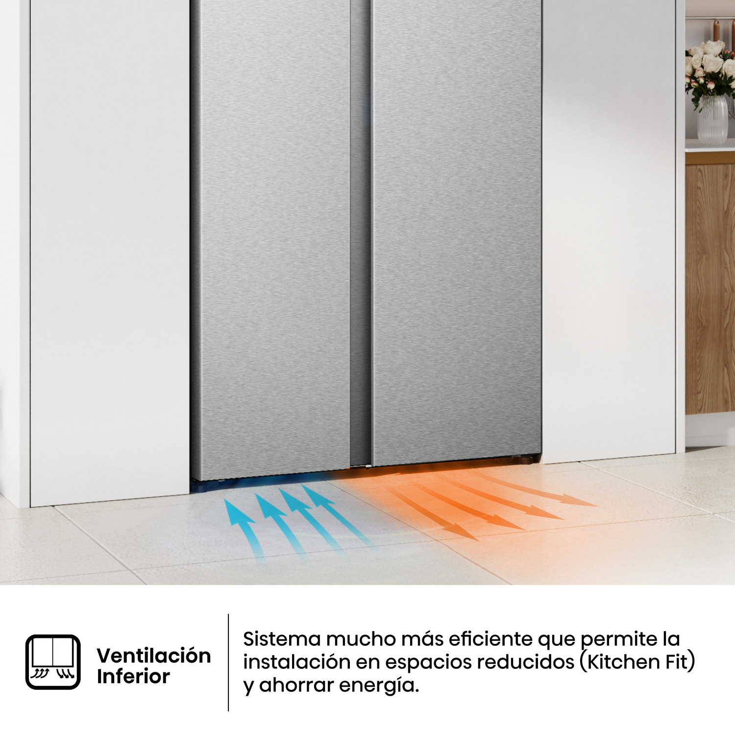 Primer plano de un refrigerador con puertas de acero inoxidable. Flechas indican el flujo de aire. Texto: 'Ventilación Inferior' y beneficios.