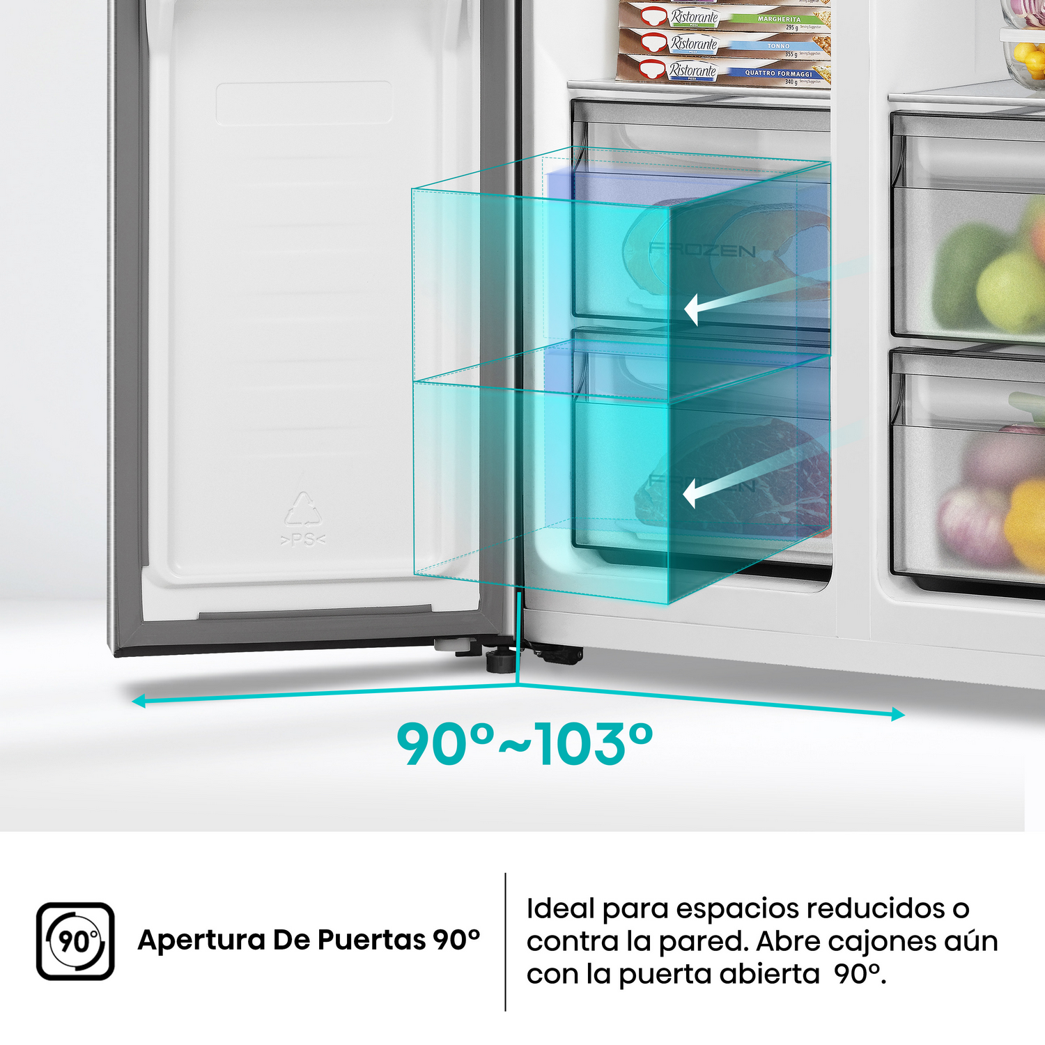 Puerta de refrigerador abierta mostrando cajones del congelador y estantes con comida. El ángulo indicado es 90-103 grados. Texto: Apertura de Puertas 90°.