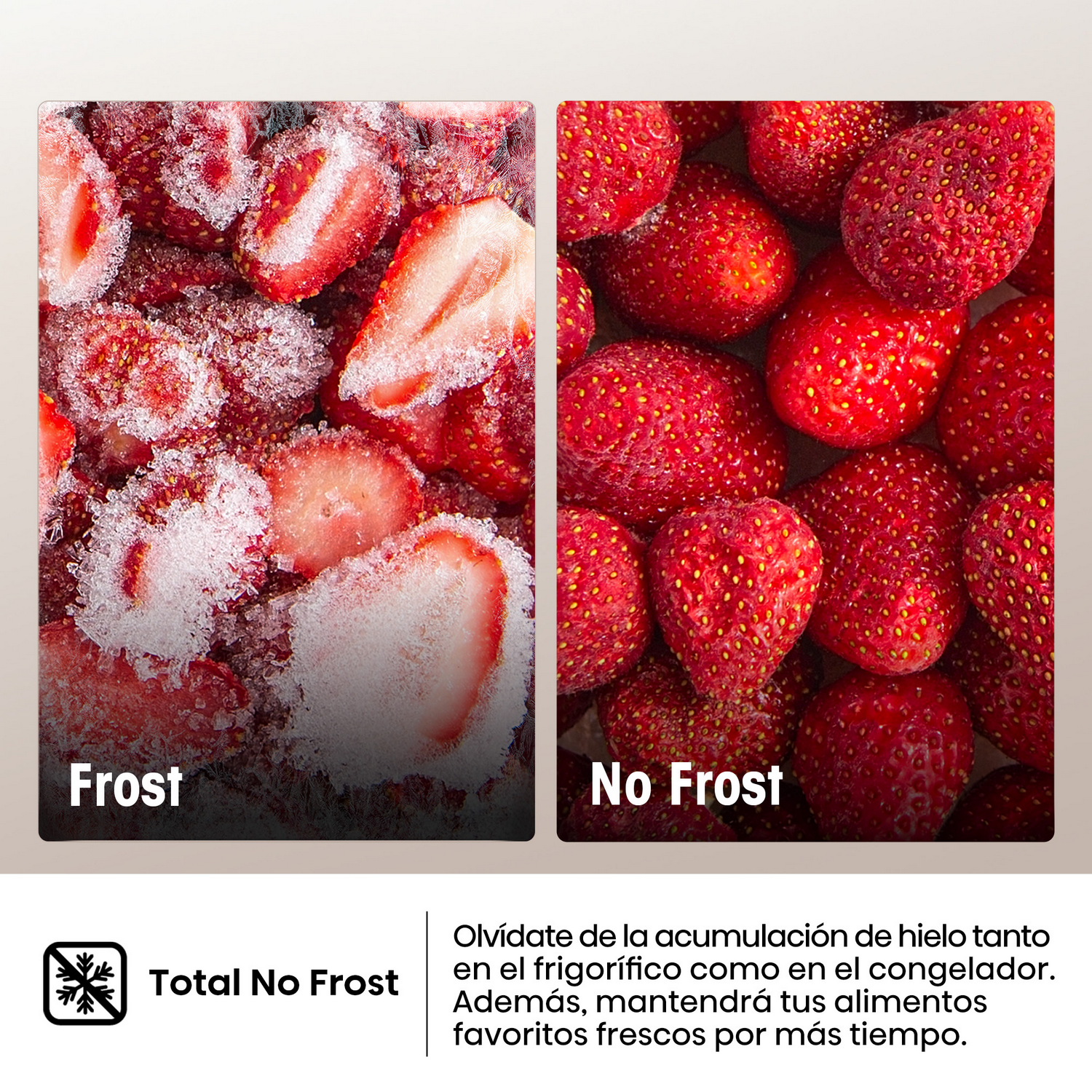 La imagen muestra fresas: una mitad congelada, la otra fresca. El texto dice 'Frost' y 'No Frost'. Total No Frost con texto debajo.
