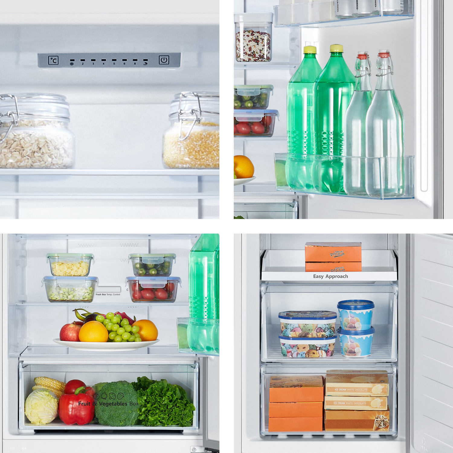Un refrigerador lleno de comida. Incluye frutas, verduras, botellas de agua y recipientes. También tiene helado y cajas de pizza.