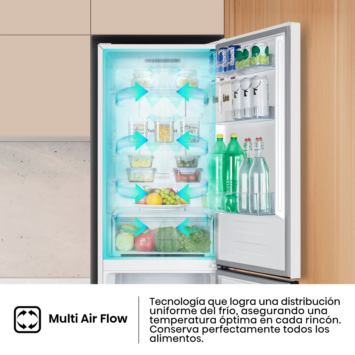 Refrigerador abierto con comida dentro. Muestra verduras, frutas, bebidas y frascos. Flechas de flujo de aire azules visibles.