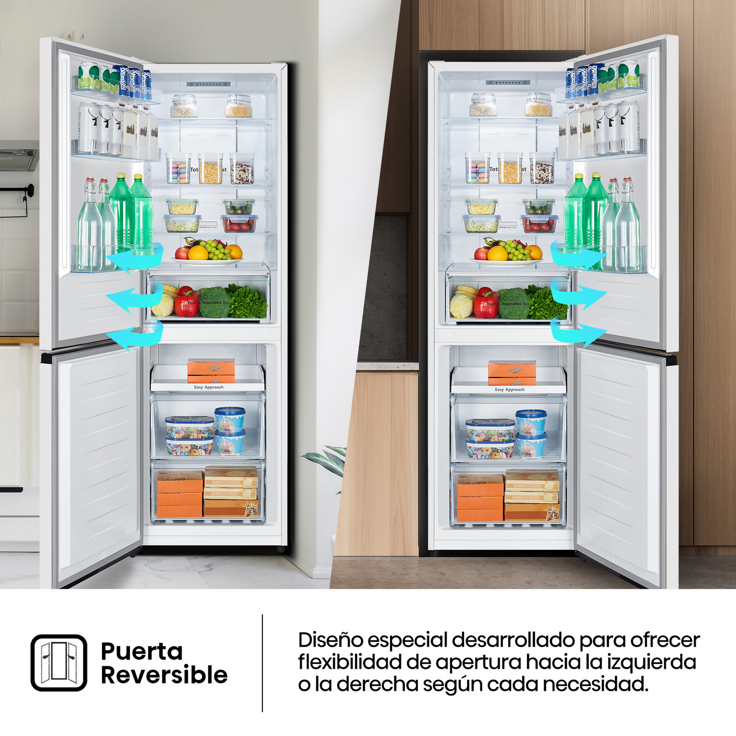 Dos refrigeradores abiertos mostrando alimentos: frutas, verduras, bebidas y recipientes. Flechas indican la dirección de las puertas.