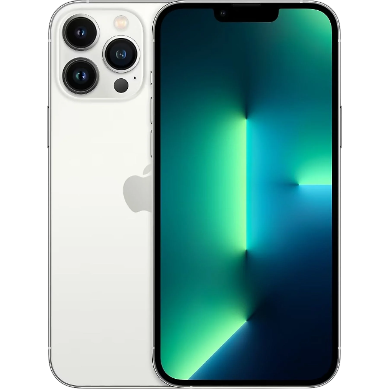 Üç arka kameralı beyaz iPhone 13 Pro ve yeşil-mavi degrade ekran.