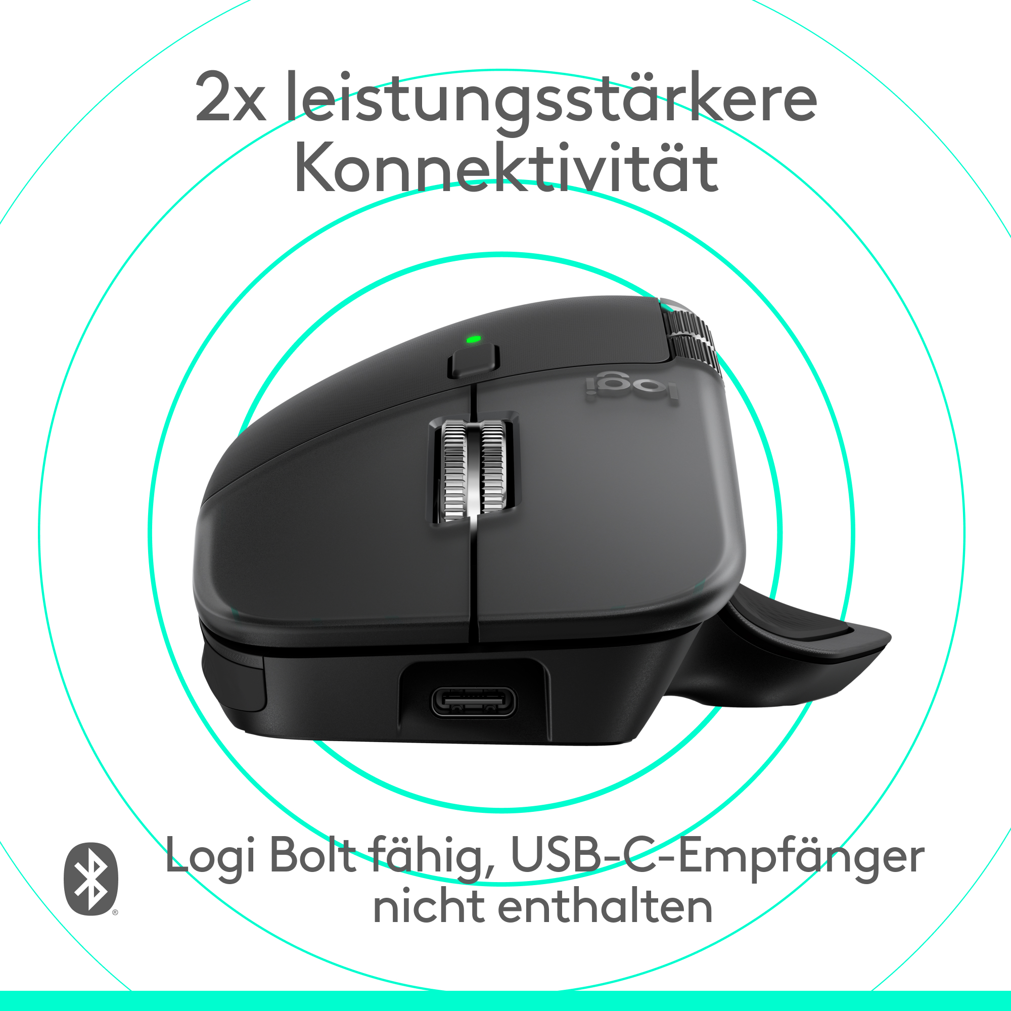 Schwarze Logitech-Maus mit Scrollrad und USB-C-Anschluss. Text zeigt Logi Bolt-Kompatibilität an.
