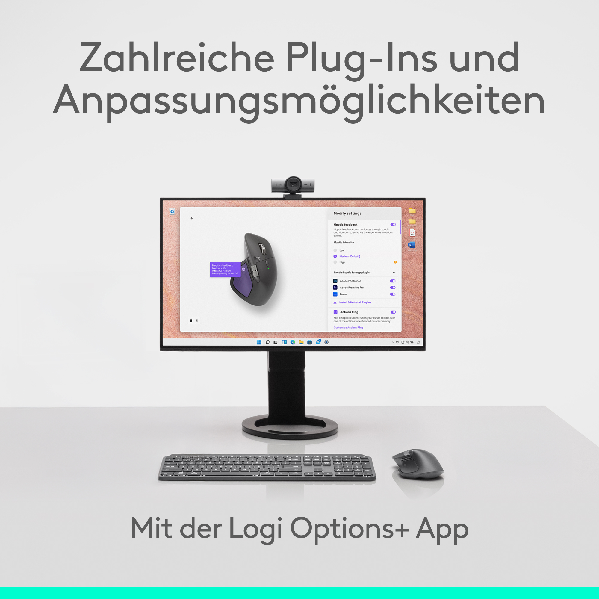 Ein Computer-Setup mit Monitor, Webcam, Tastatur und Maus. Der Bildschirm zeigt App-Einstellungen.