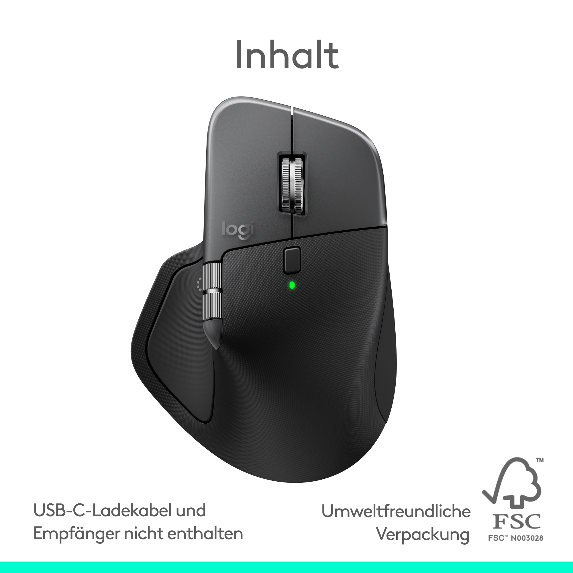 Eine schwarze Logitech-Maus. Hat ein Scrollrad, Tasten und eine grüne LED. Text sagt 'Inhalt' und 'FSC'.