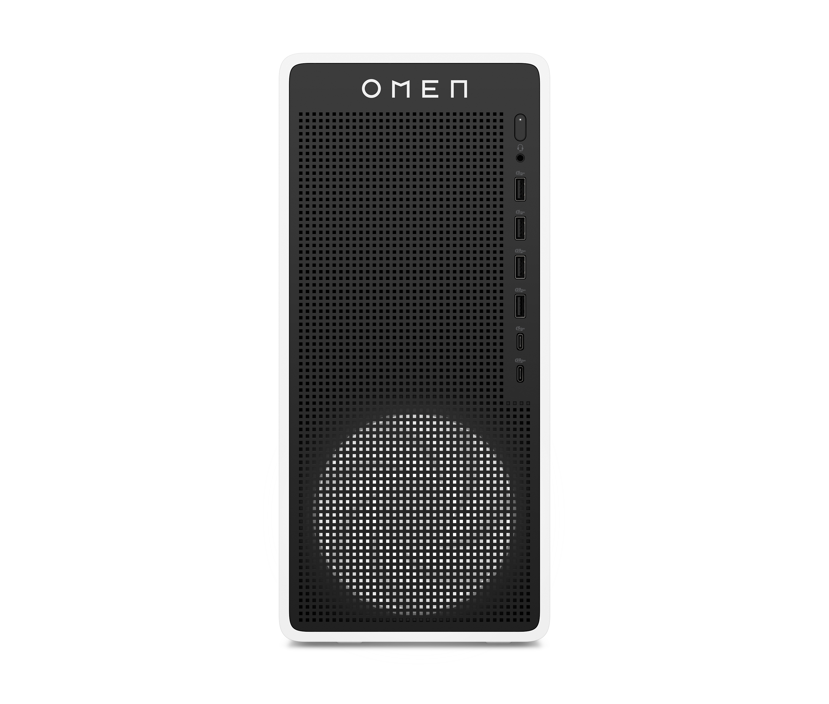 Ein schwarz-weißer OMEN-Desktop-Computer vor schwarzem Hintergrund. Die Vorderseite hat ein Rasterdesign.