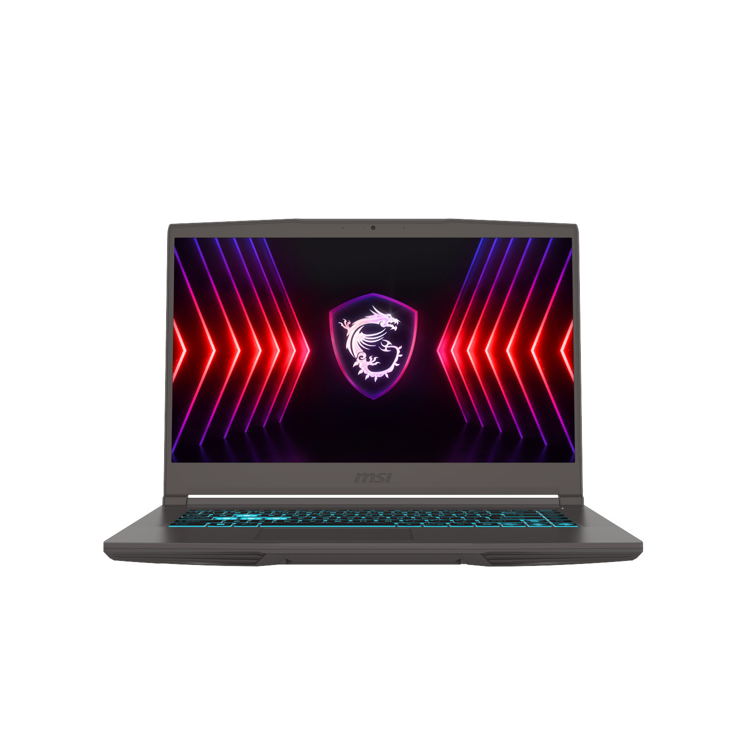 A gray MSI laptop is displayed. The screen shows a dragon logo and neon lights. The keyboard has blue backlighting.
