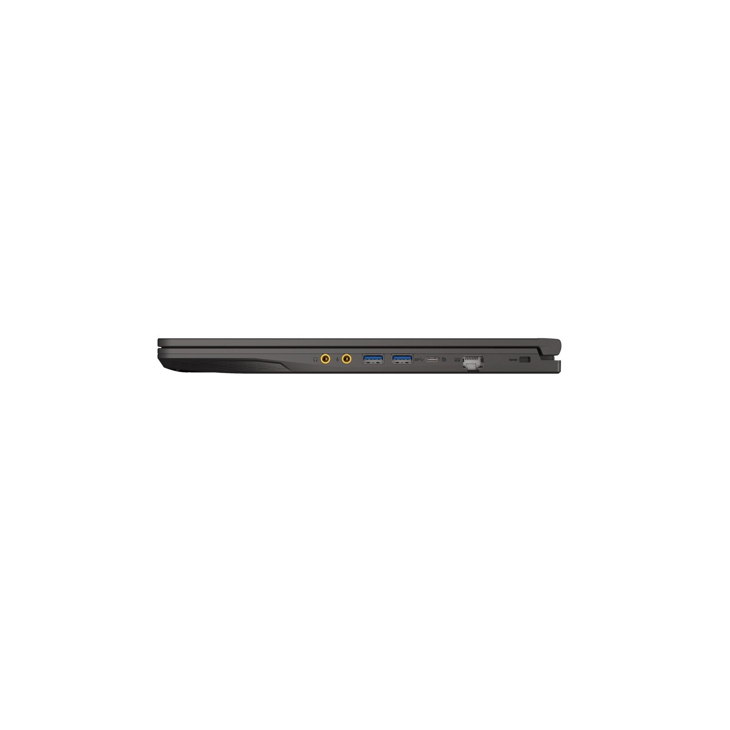 Side view of a dark gray laptop showing ports: audio, USB, HDMI, and Ethernet. The laptop is against a white background.