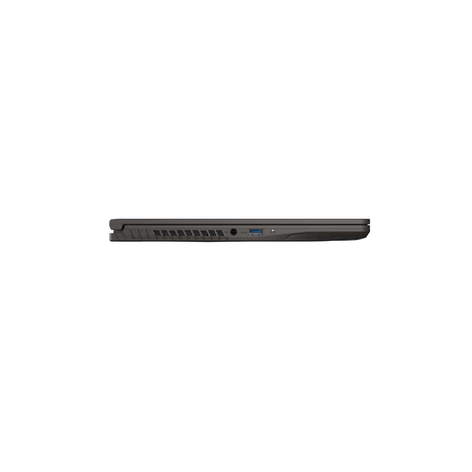 Side view of a dark gray laptop. Visible ports include a headphone jack, USB, and power connector.