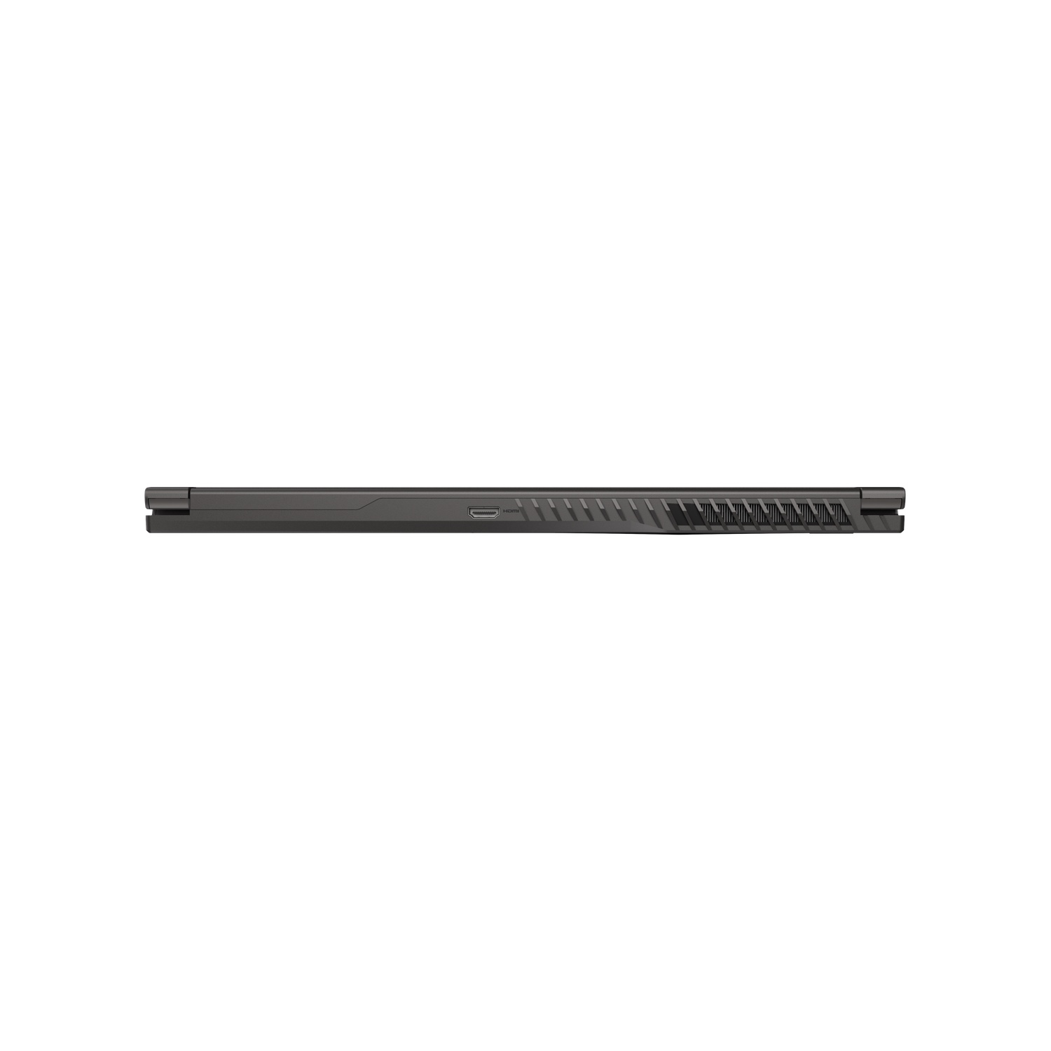 Side view of a black laptop, showing ports and vents. The laptop is on a white background. The laptop is closed.