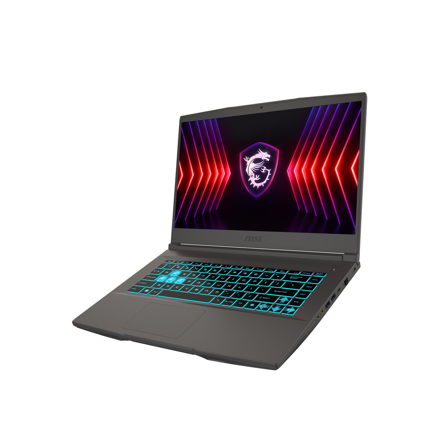 A gray MSI laptop is open, showing a screen with a dragon logo and red/purple lines. The keyboard is illuminated with blue light.