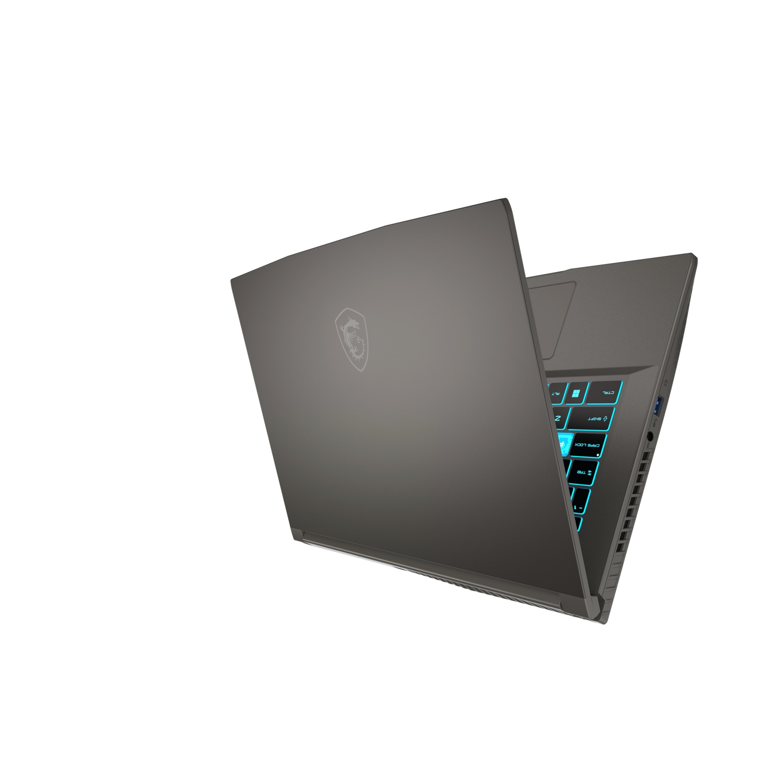 A gray laptop is open, showing the keyboard with blue backlighting. The MSI logo is on the back of the screen, set against a white background.