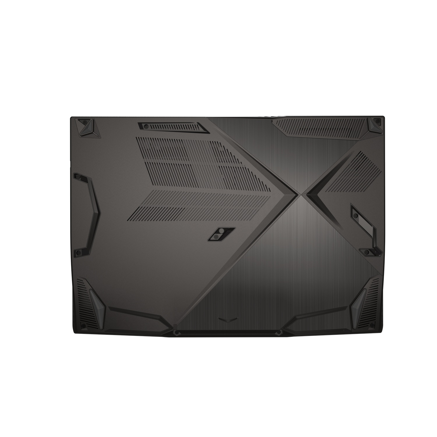 Top view of a black laptop with a textured surface and ventilation grilles. The design features angular shapes and an X pattern.