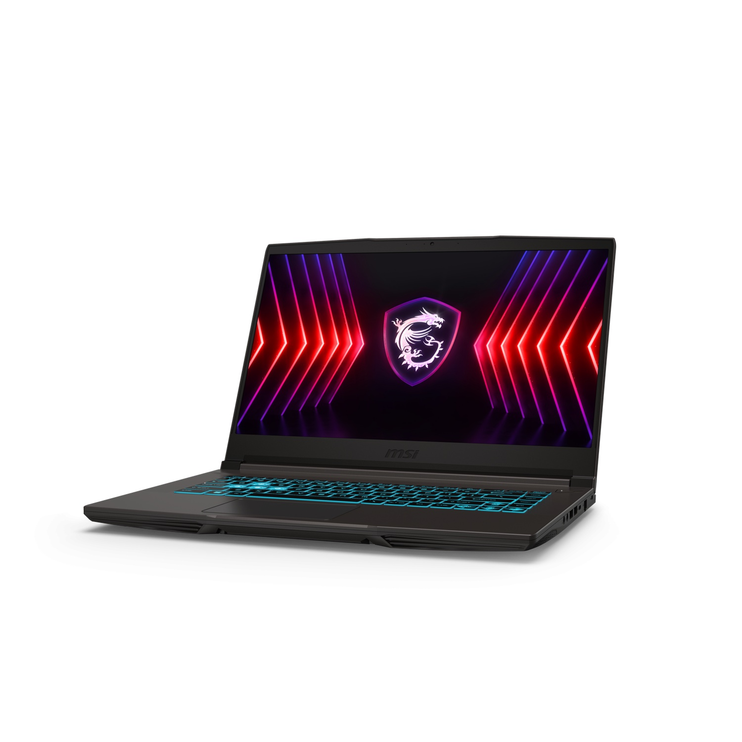 A black MSI laptop is displayed. The screen shows red and purple lines, and a dragon logo. The keyboard lights up in blue.