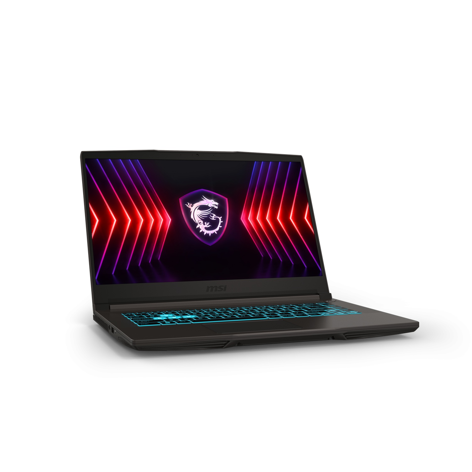A black MSI laptop is displayed at an angle. The screen shows a dragon logo with red and purple lines. The keyboard has a blue glow.