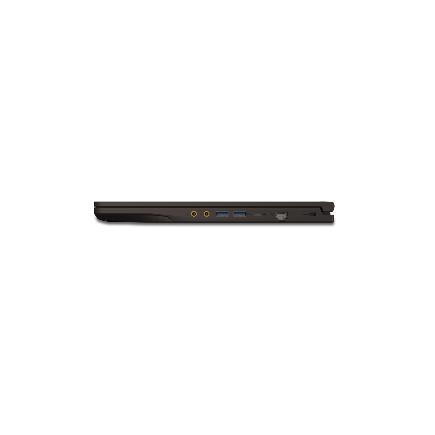 Side view of a black laptop showing ports and connectors. Includes audio jacks, USB ports, and an Ethernet port.