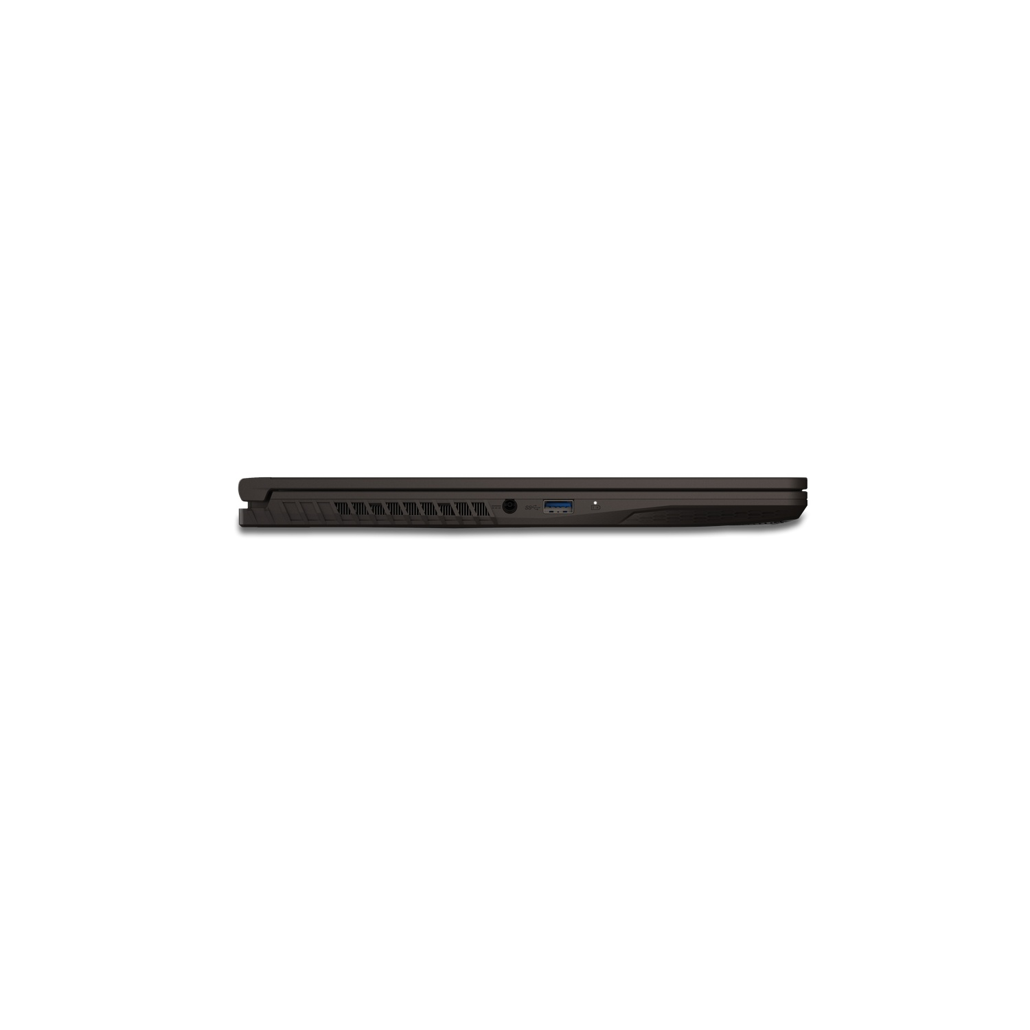 A dark laptop side view. Shows ports like USB and audio jack. It sits on a white background.