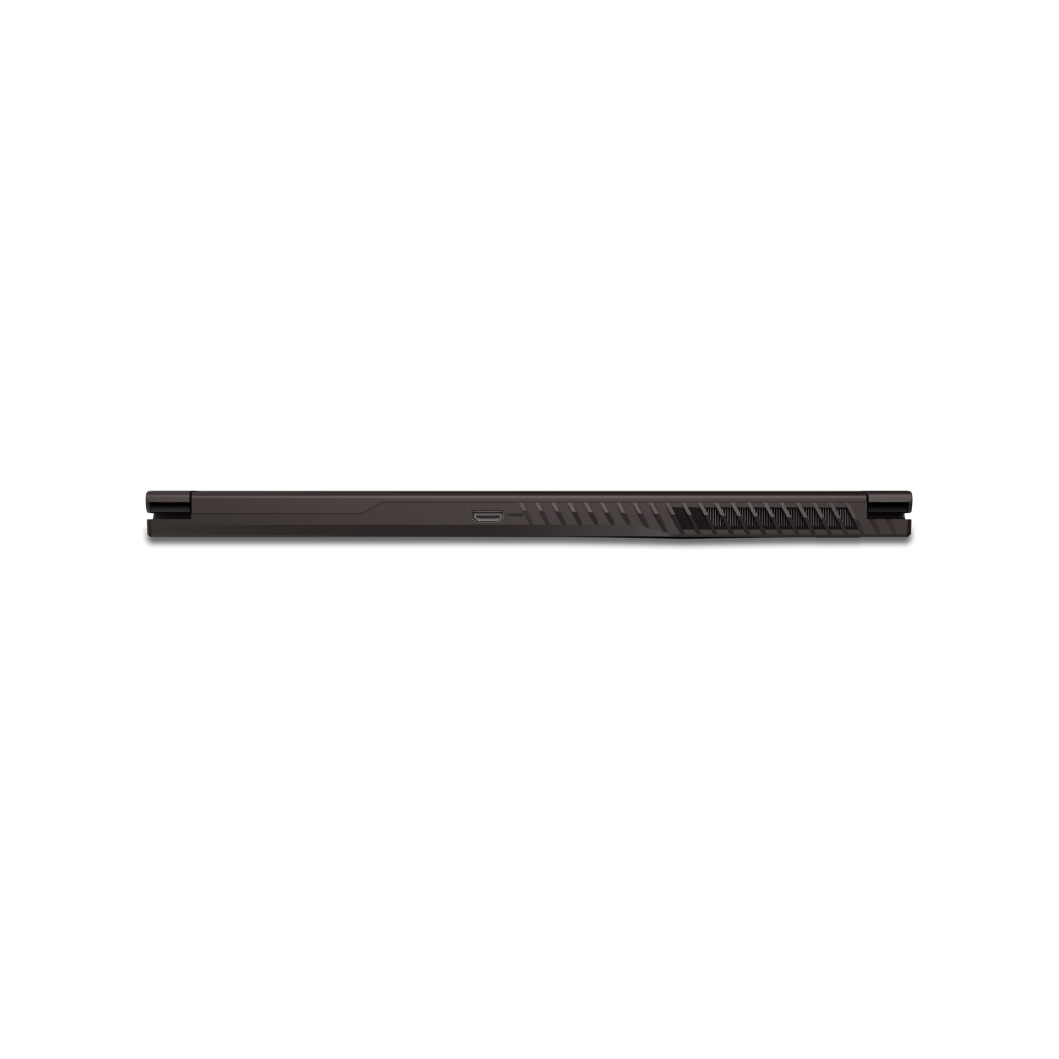 A dark gray laptop seen from the side, showing ports and a textured design, set against a white background.