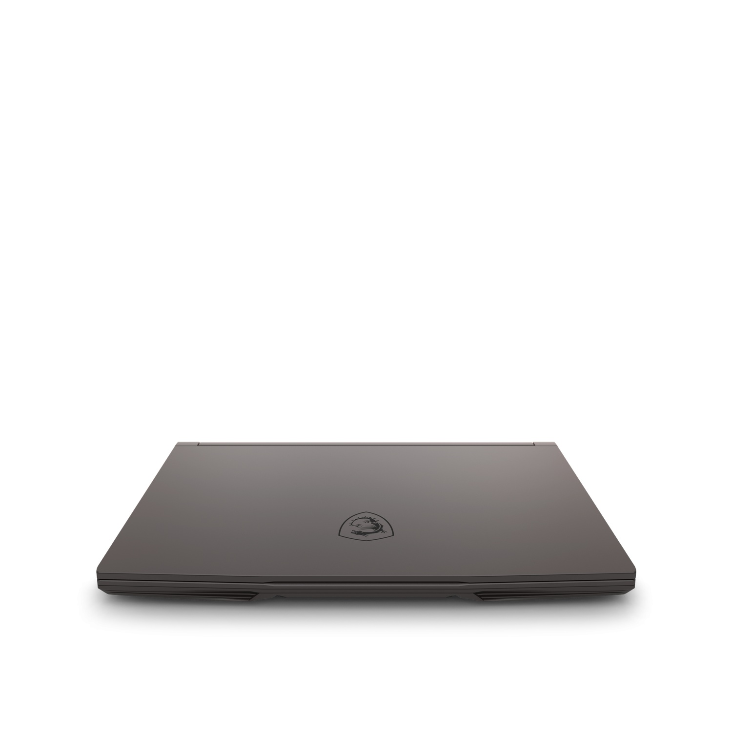 A closed, dark gray laptop on a white background. The MSI logo is visible. The laptop is slightly angled, showing its top surface.
