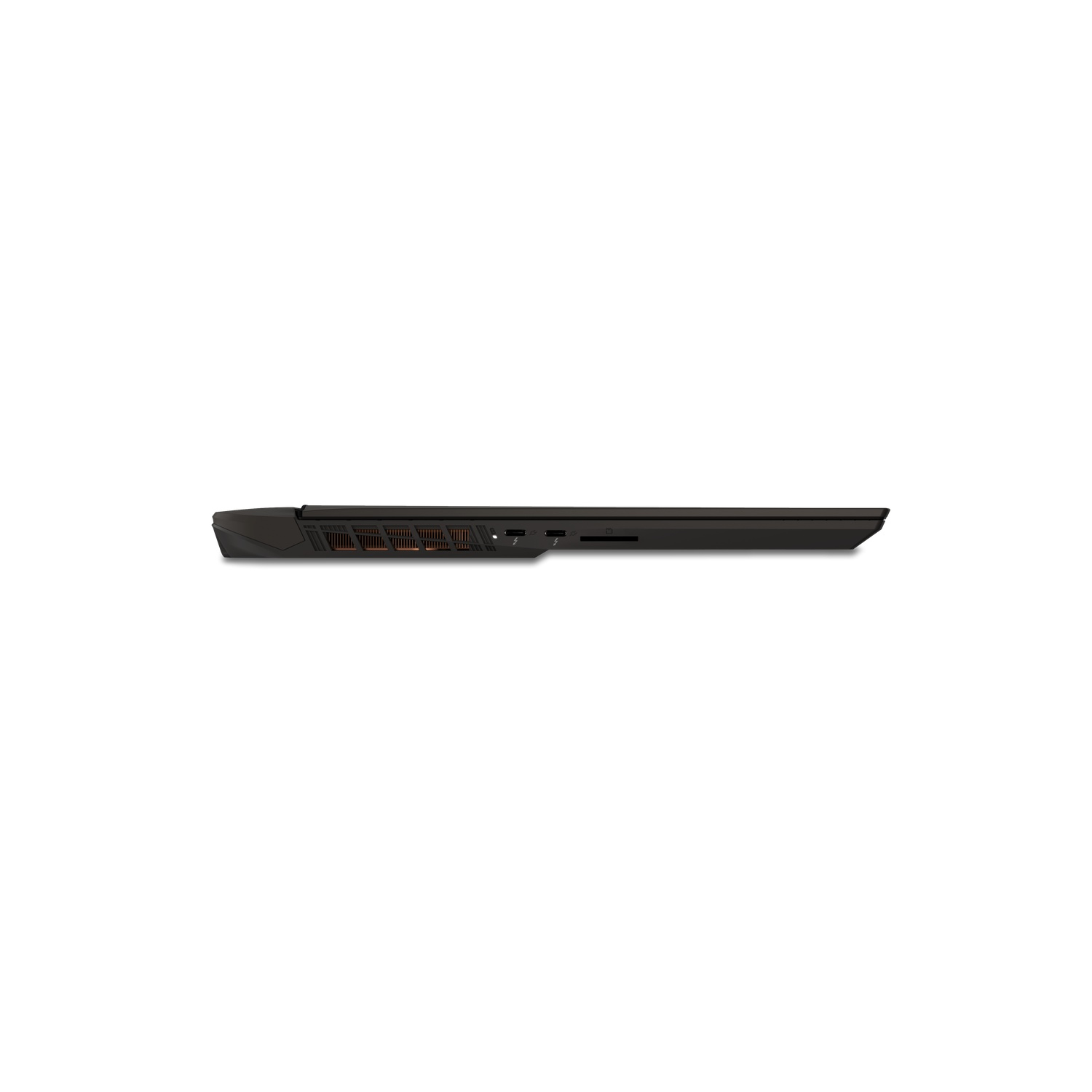 Side view of a black laptop with orange accents. Visible ports include USB and SD card slot. The laptop is on a white background.